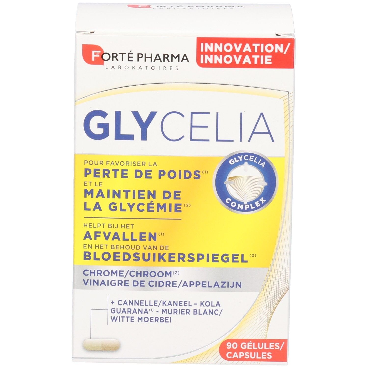 Boîte blanche Forte Pharma Glycelia. Contient 90 gélules. Inscriptions: Perte de poids, maintien de la glycémie, afvallen.