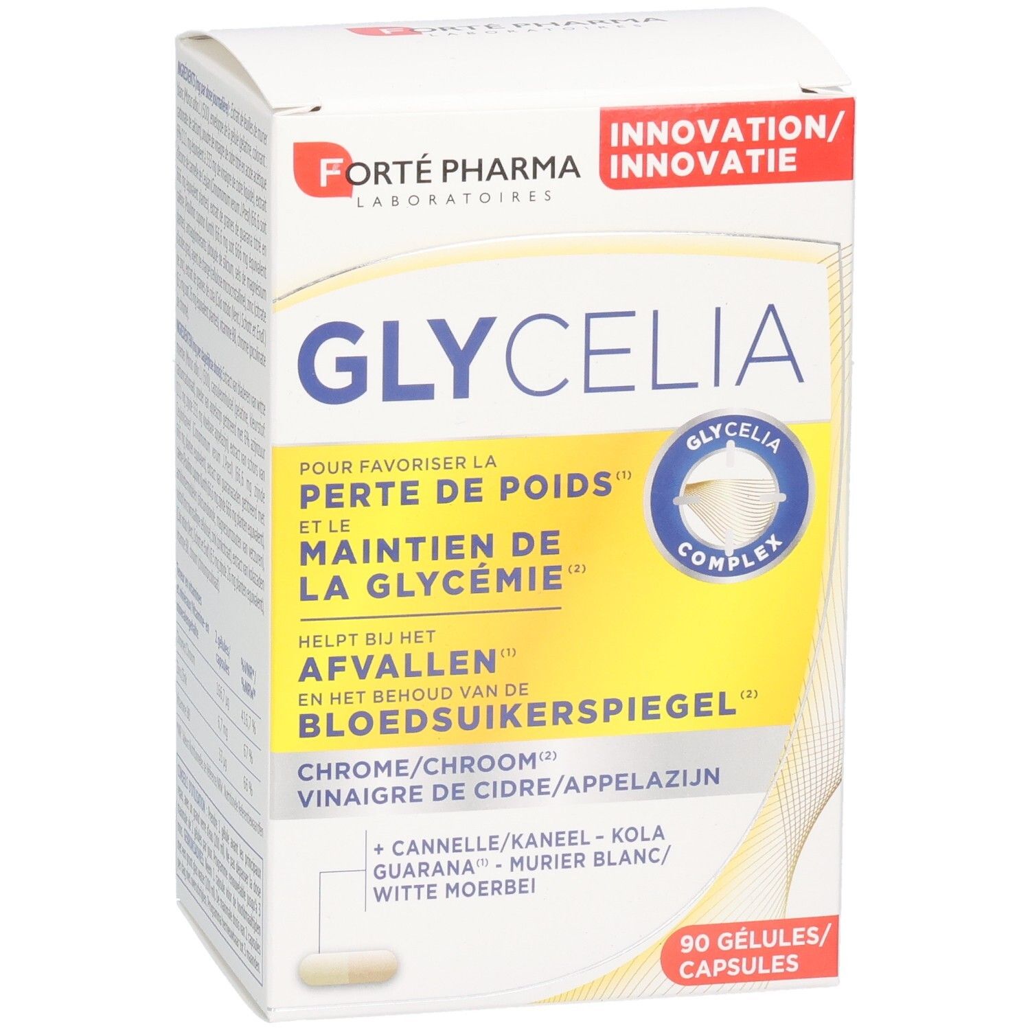 Boîte blanche Forte Pharma Glycelia. Contient 90 gélules. Inscriptions: Perte de poids, maintien de la glycémie, afvallen.