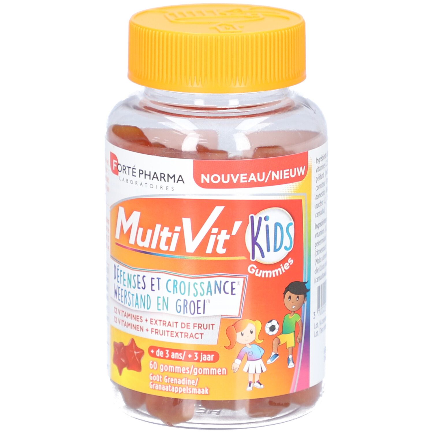 Flacon transparent avec bouchon orange. Étiquette avec nom du produit, ingrédients et logo.