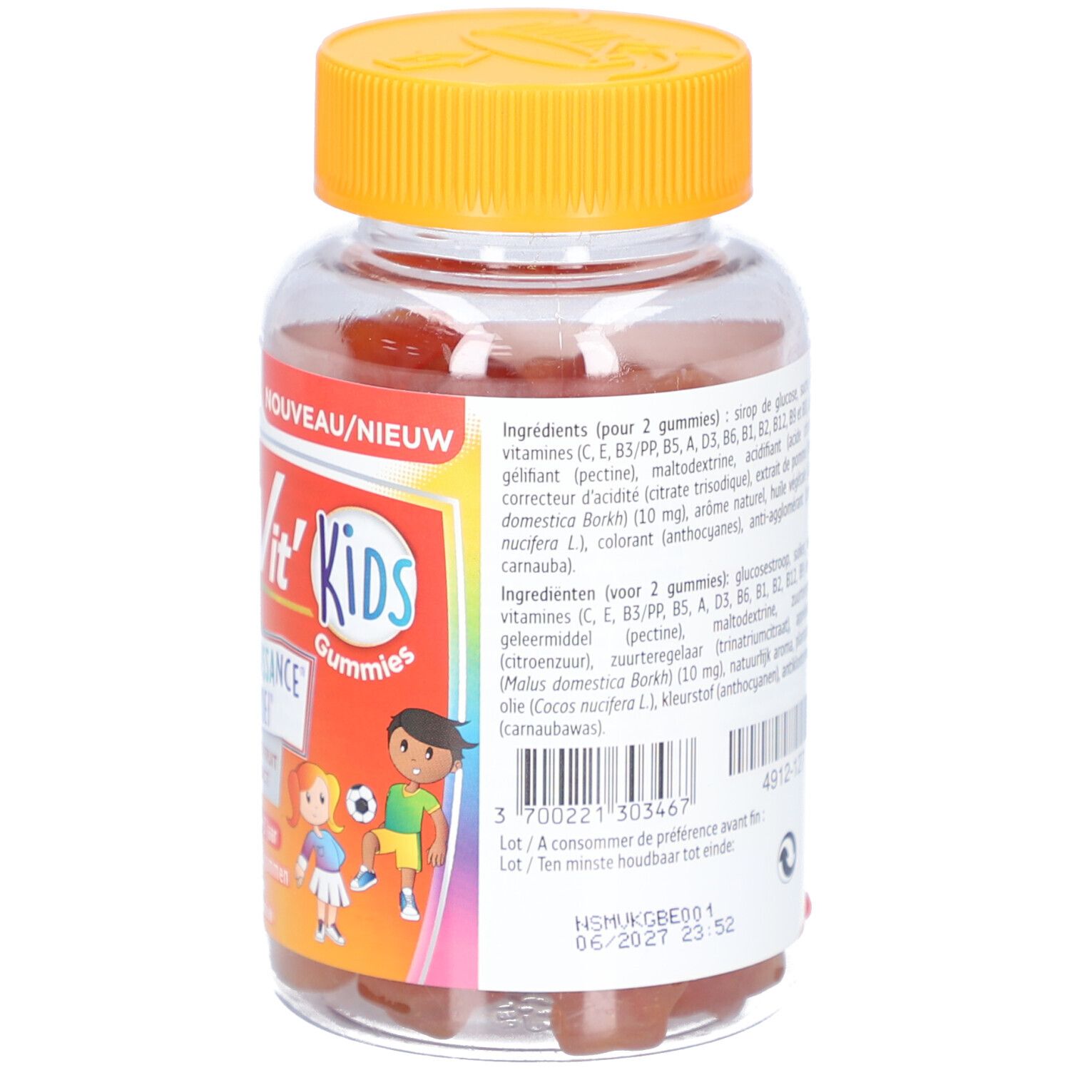 Dos du flacon. Informations textuelles multilingues. Bouchon orange.