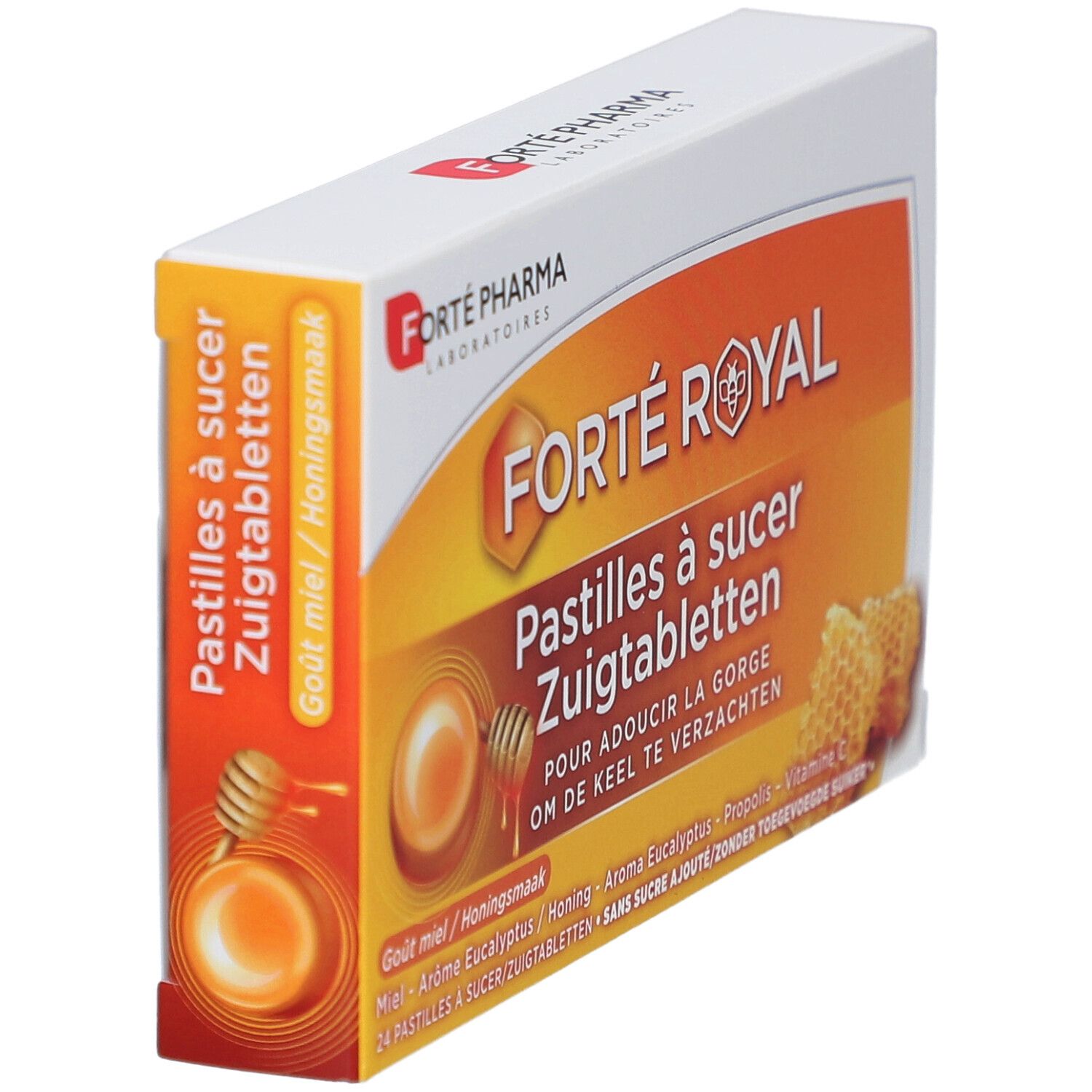 Boîte de pastilles Forte Pharma Forte Royal. Vue en biais. Design orange avec nom du produit et motif miel.