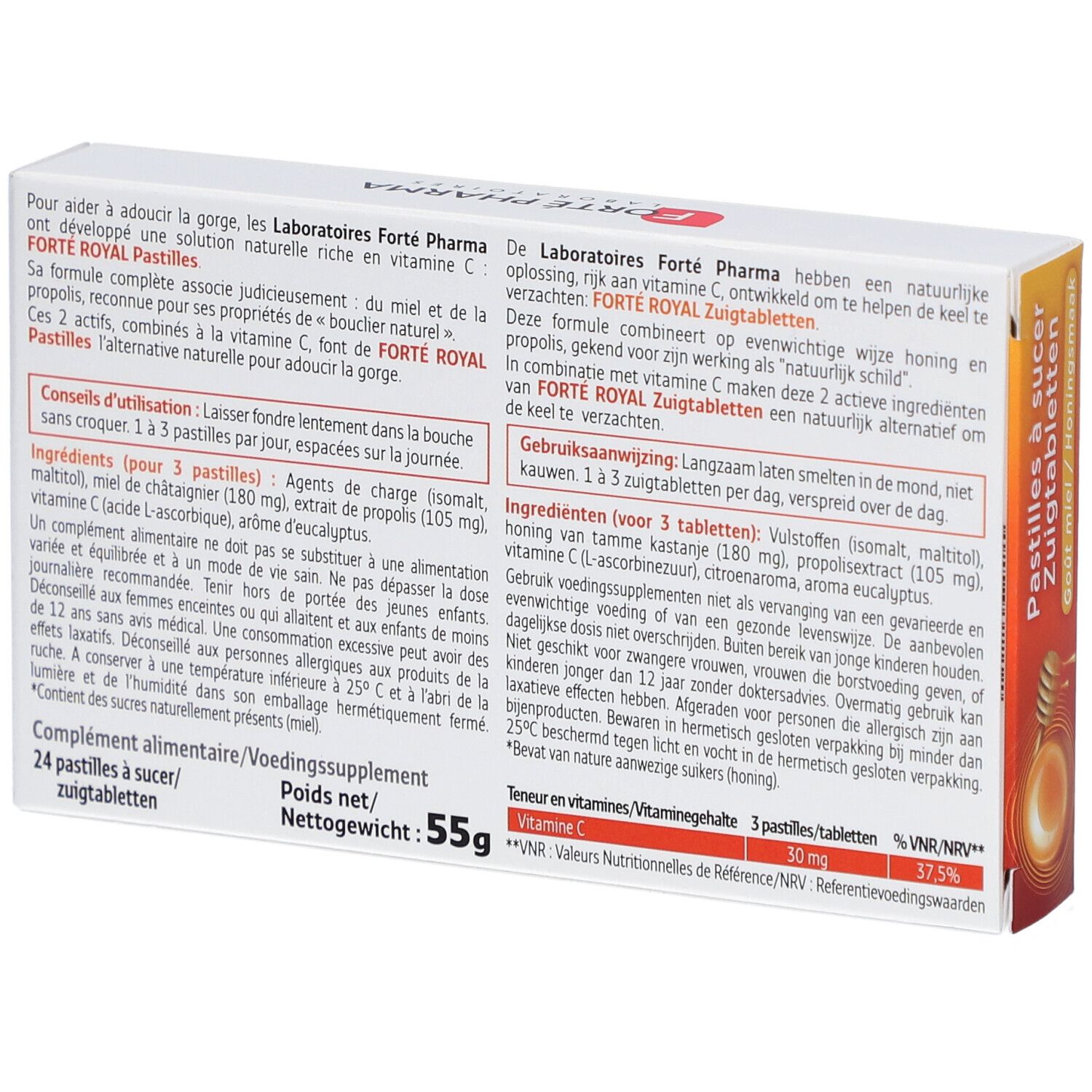 Dos de la boîte de pastilles Forte Pharma Forte Royal. Informations textuelles, ingrédients et valeurs nutritionnelles.