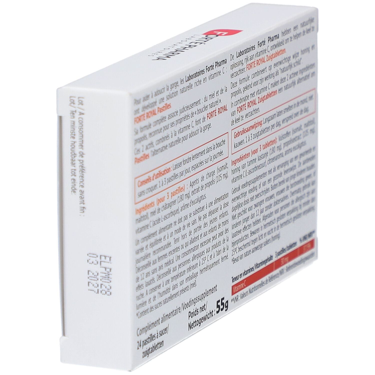 Dos de la boîte de pastilles Forte Pharma Forte Royal. Texte, ingrédients, valeurs nutritionnelles et date de péremption.