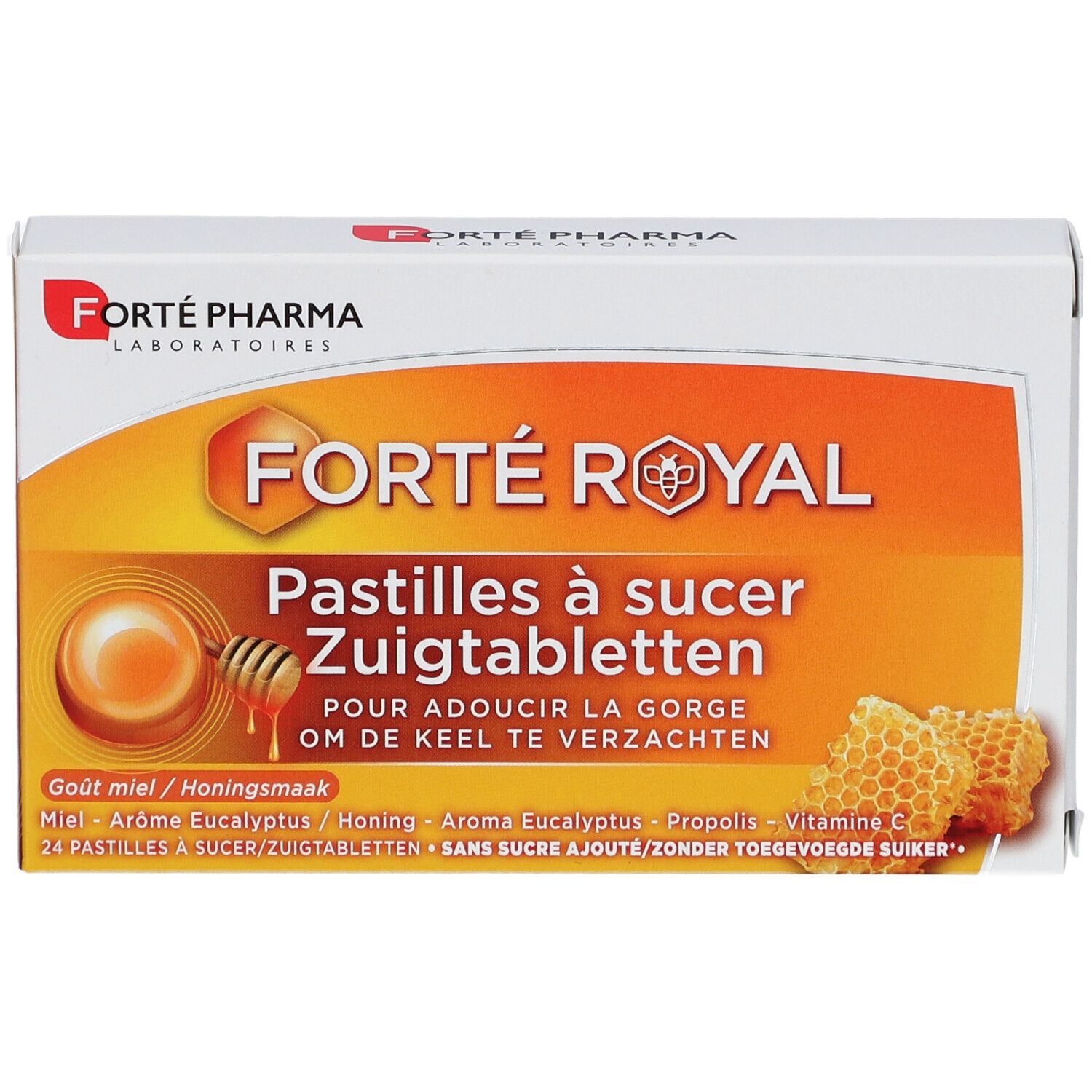 Boîte de pastilles Forte Pharma Forte Royal. Vue de face. Design orange avec nom du produit et motif miel.