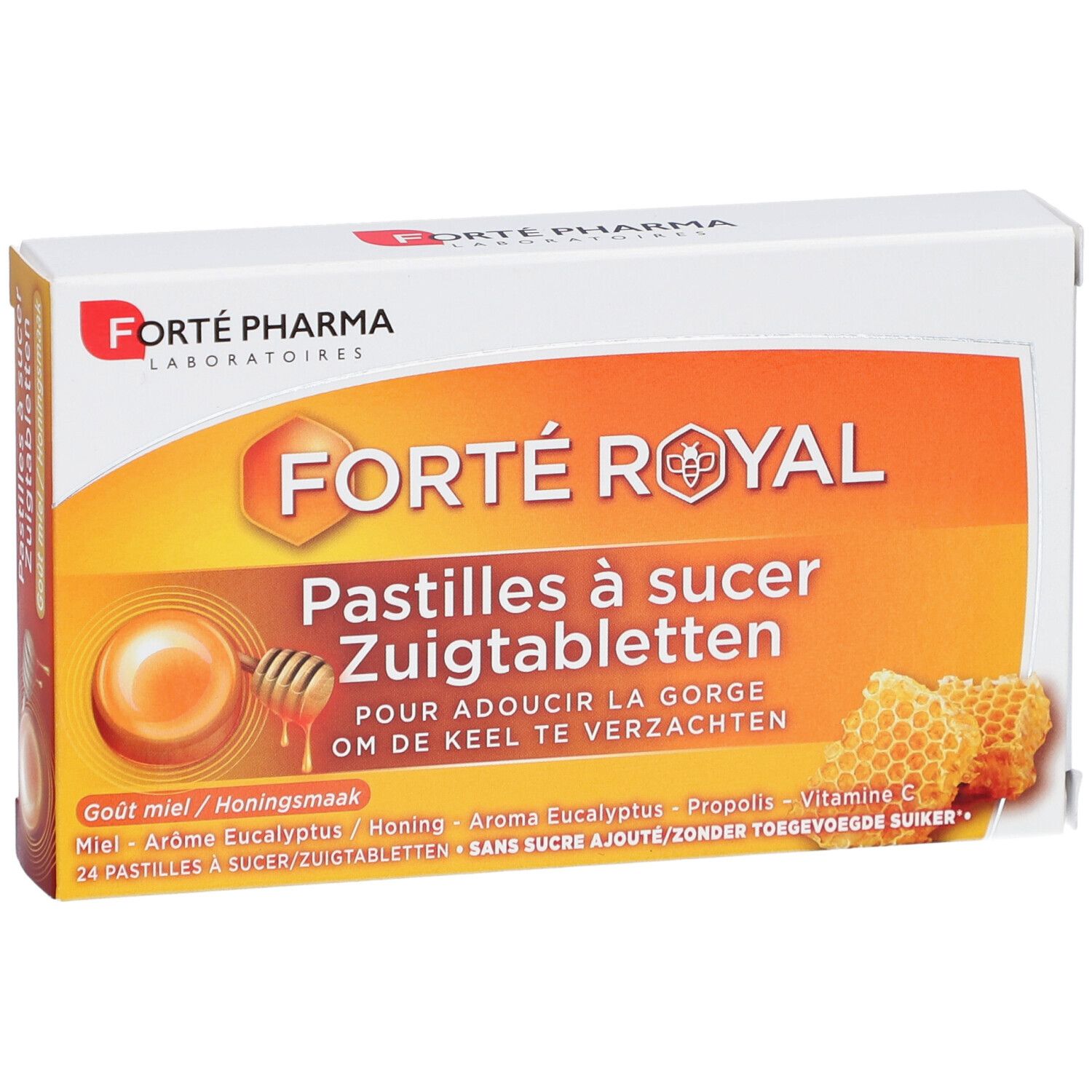 Boîte de pastilles Forte Pharma Forte Royal. Vue de face. Design orange avec nom du produit et motif miel.