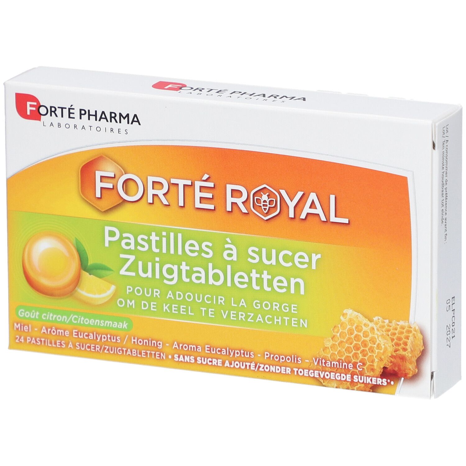 Boîte de pastilles Forte Pharma Forte Royal. Design orange et jaune avec nom et ingrédients du produit.