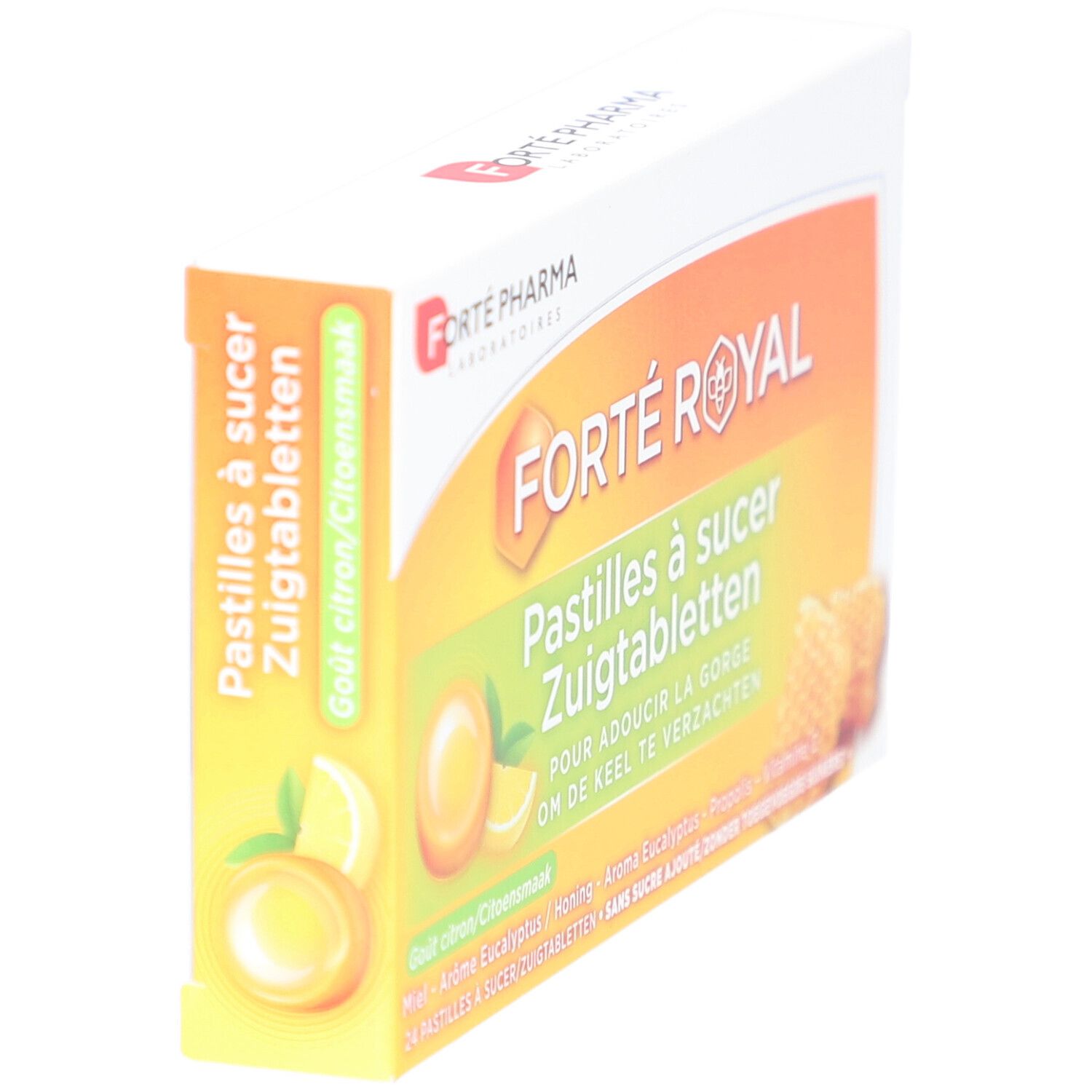 Boîte de pastilles Forte Pharma Forte Royal. Vue en biais, design orange et jaune, nom et ingrédients.