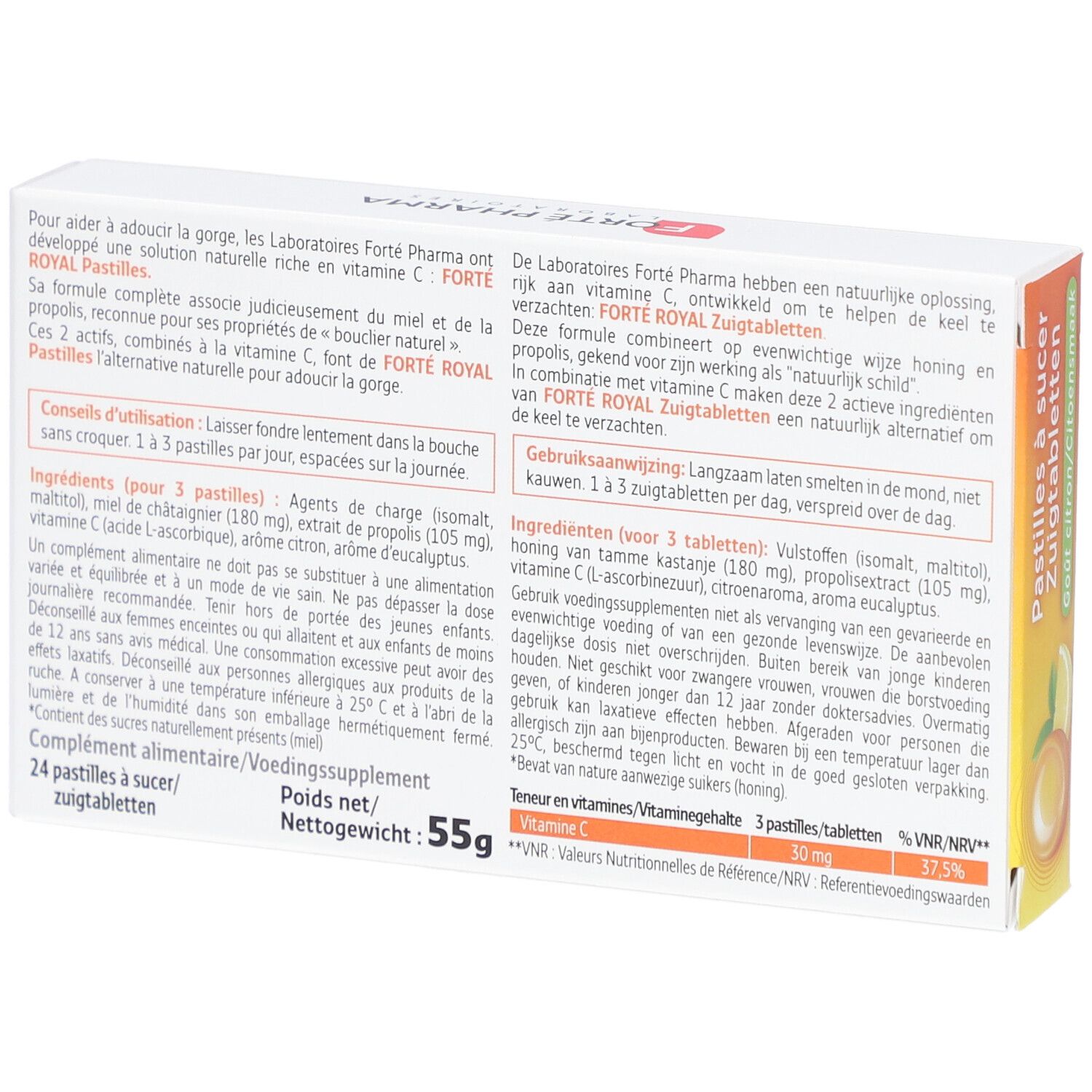 Dos de la boîte de pastilles Forte Pharma Forte Royal. Texte avec ingrédients et instructions d'utilisation.