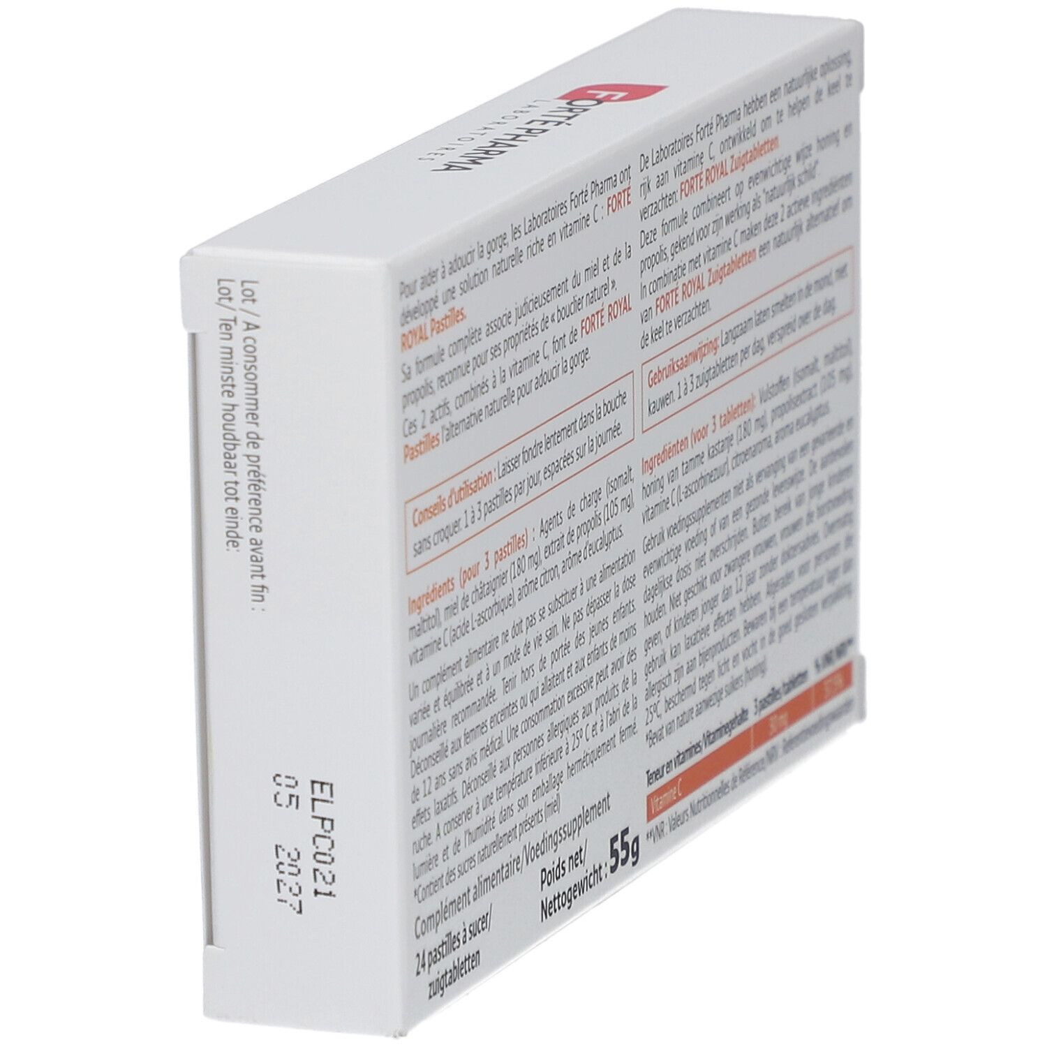 Vue latérale de la boîte de pastilles Forte Pharma Forte Royal. Texte avec date de péremption et poids.