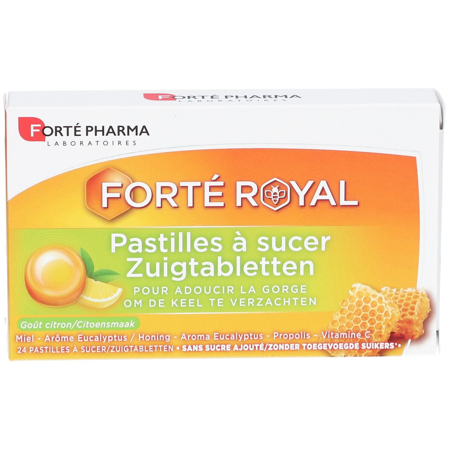 Boîte de pastilles Forte Pharma Forte Royal. Vue de face, design orange et jaune, nom et ingrédients.