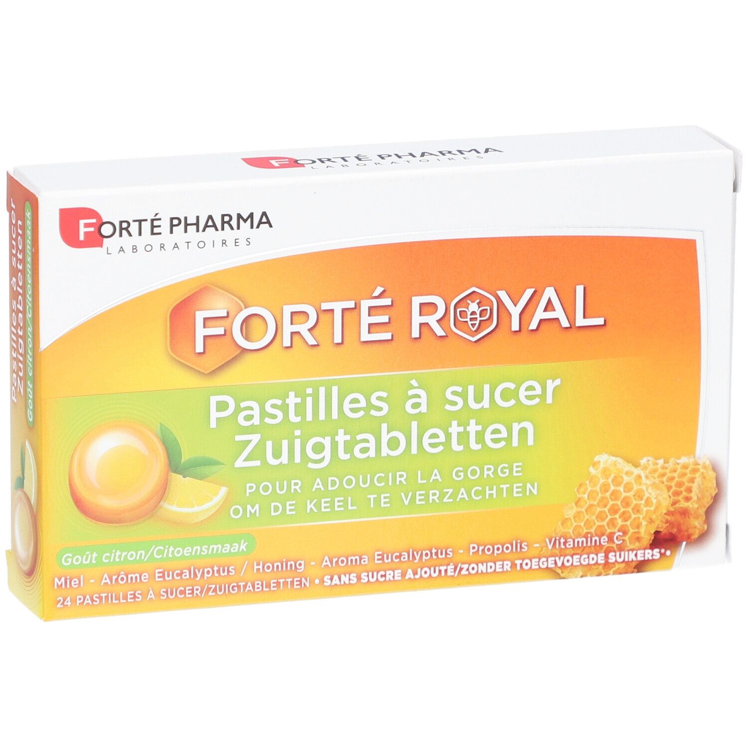 Boîte de pastilles Forte Pharma Forte Royal. Vue de face, design orange et jaune, nom et ingrédients.