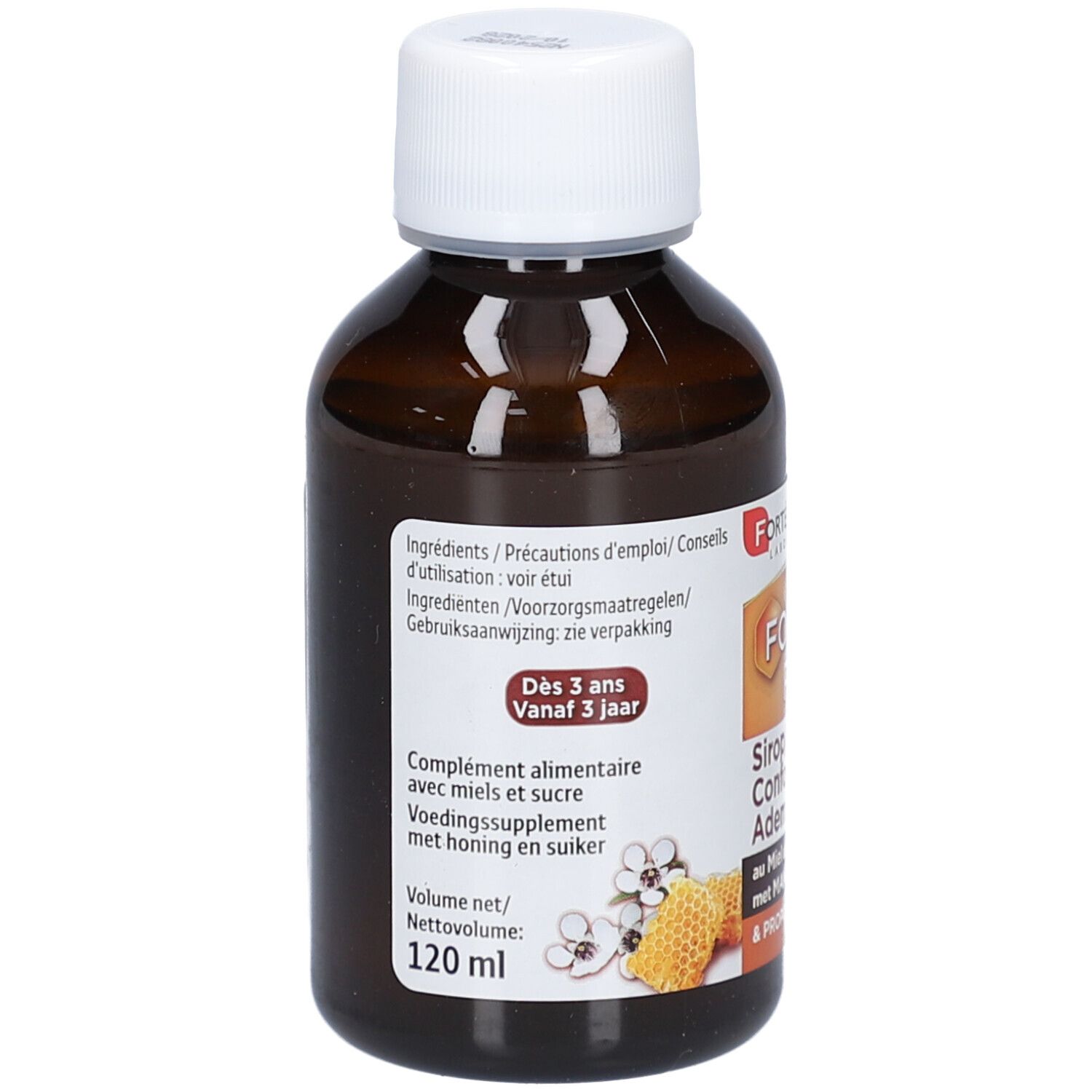 Flacon brun avec bouchon blanc. Étiquette avec informations produit. Texte: Forte Pharma, dès 3 ans.