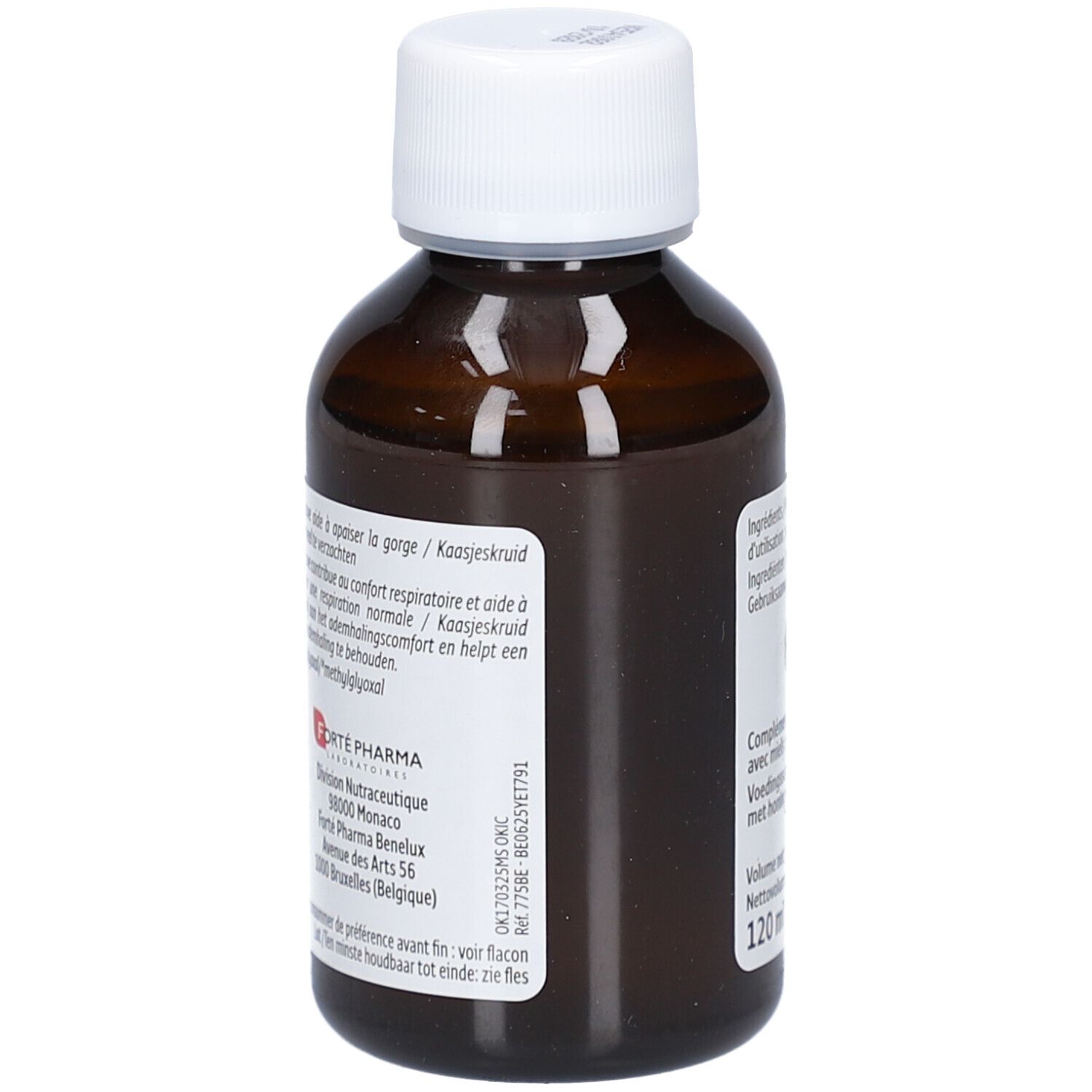Flacon brun avec bouchon blanc. Étiquette avec informations produit. Texte: Forte Pharma.