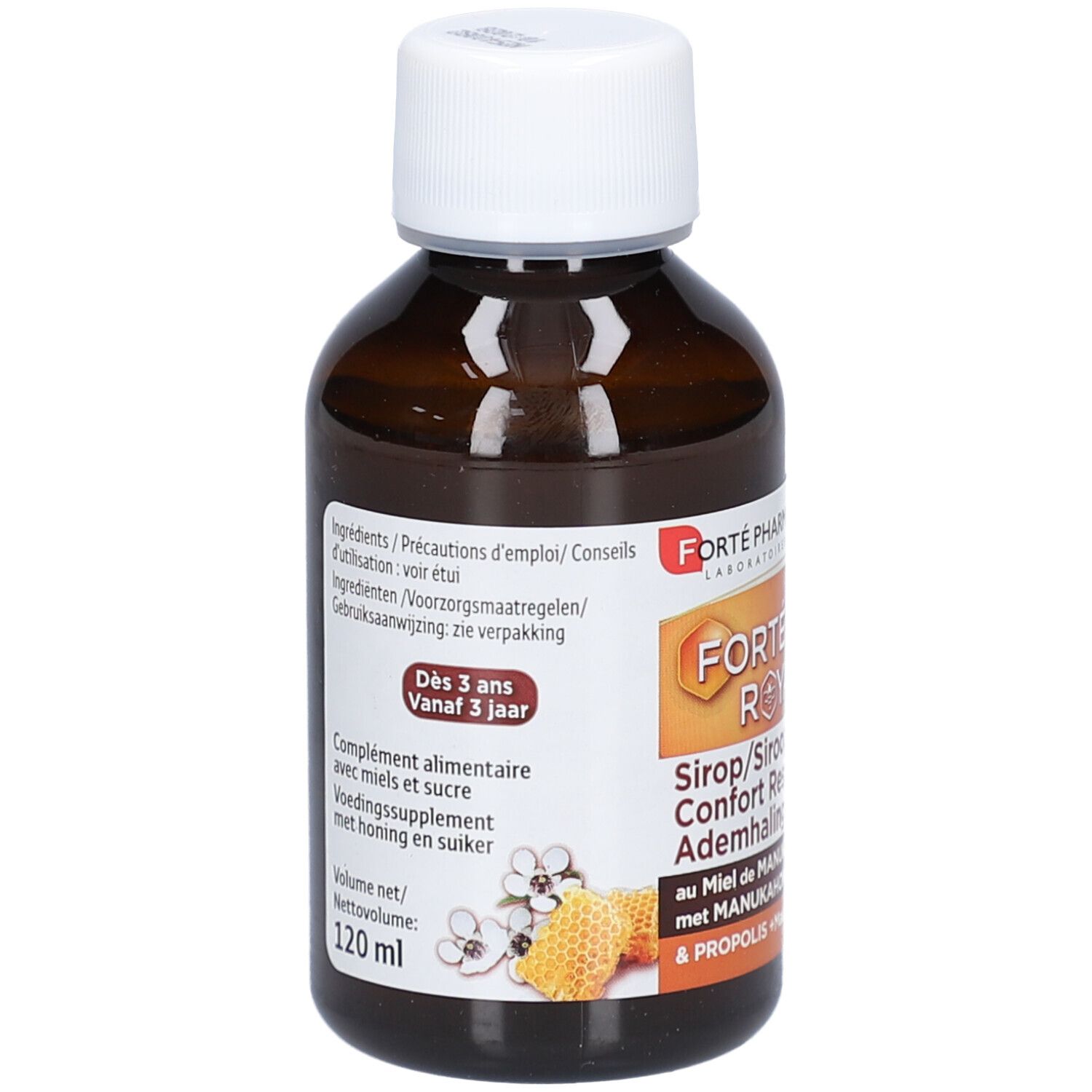 Flacon brun avec bouchon blanc. Étiquette avec informations produit. Texte: Forte Pharma, dès 3 ans.