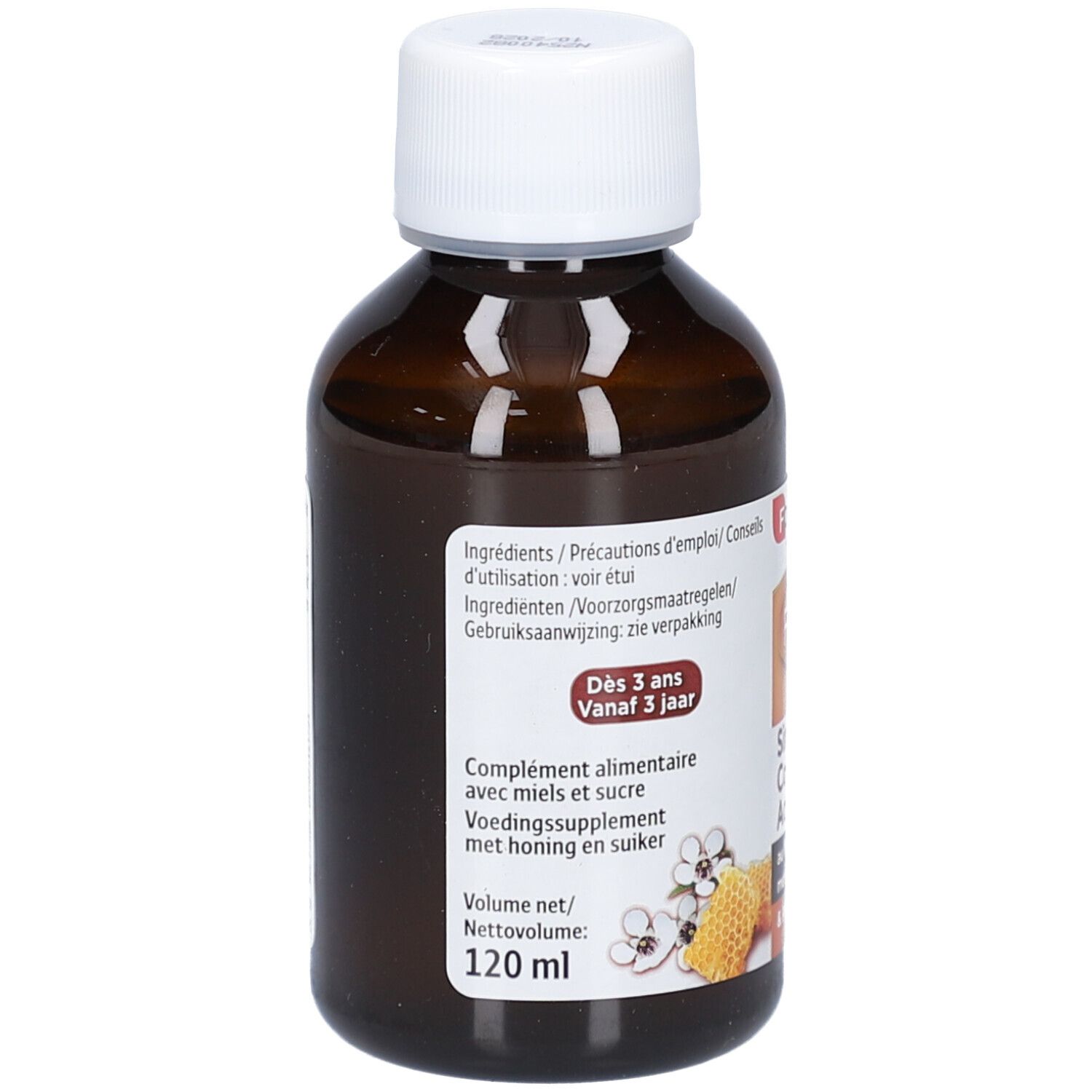 Flacon brun avec bouchon blanc. Étiquette avec informations produit. Texte: Forte Pharma, dès 3 ans.