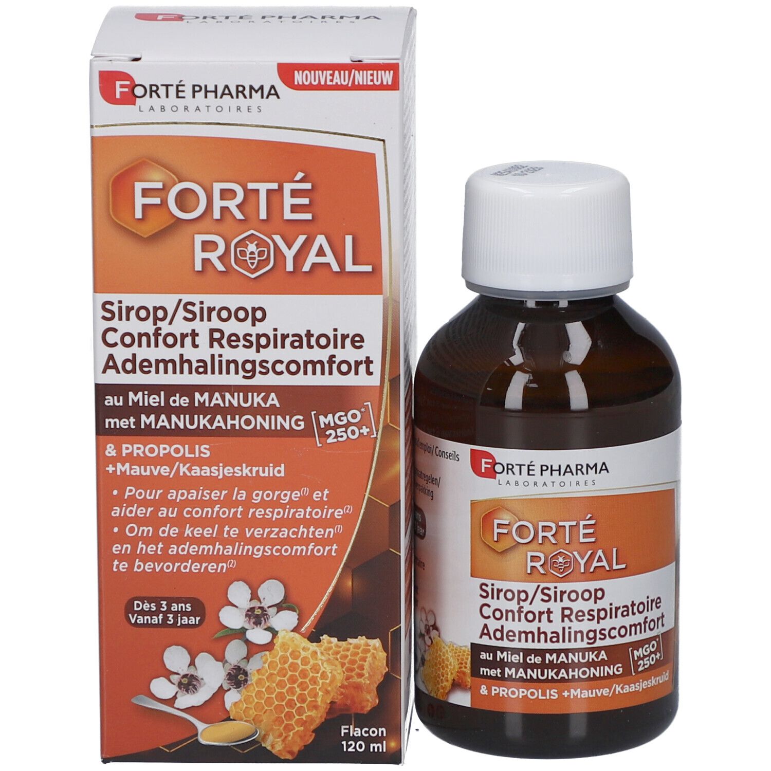 Emballage et flacon du produit. Texte: Forte Royal, Sirop, Confort Respiratoire, MGO 250+.