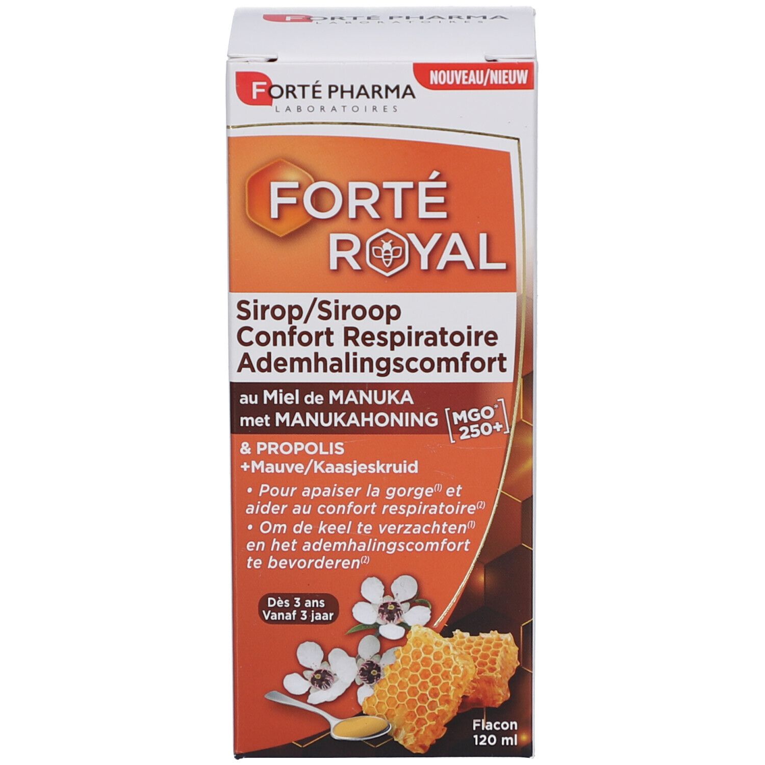 Emballage du produit. Texte: Forte Royal, Sirop, Confort Respiratoire, MGO 250+.