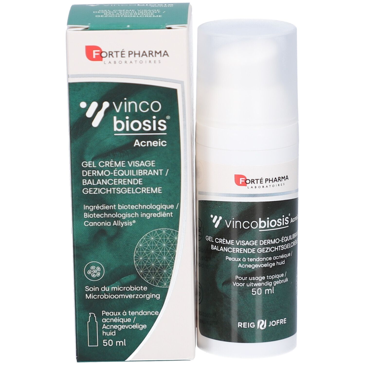 Produit et emballage. Flacon blanc avec étiquette verte. Contient du texte et logo. Boîte avec logo et informations produit.