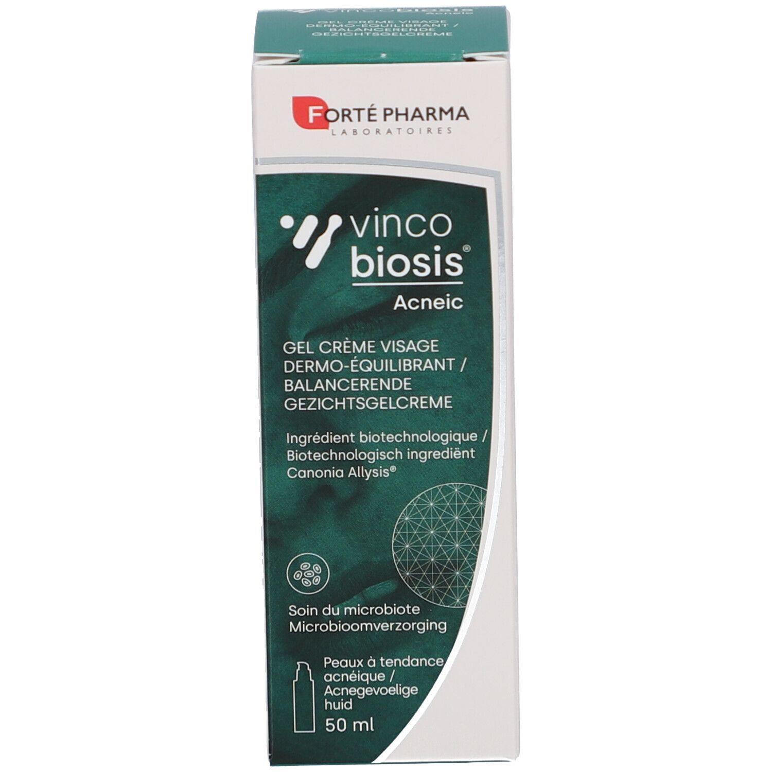 Emballage. Boîte avec logo et informations produit. Contient du texte et le logo Vincobiosis. Vert et blanc.