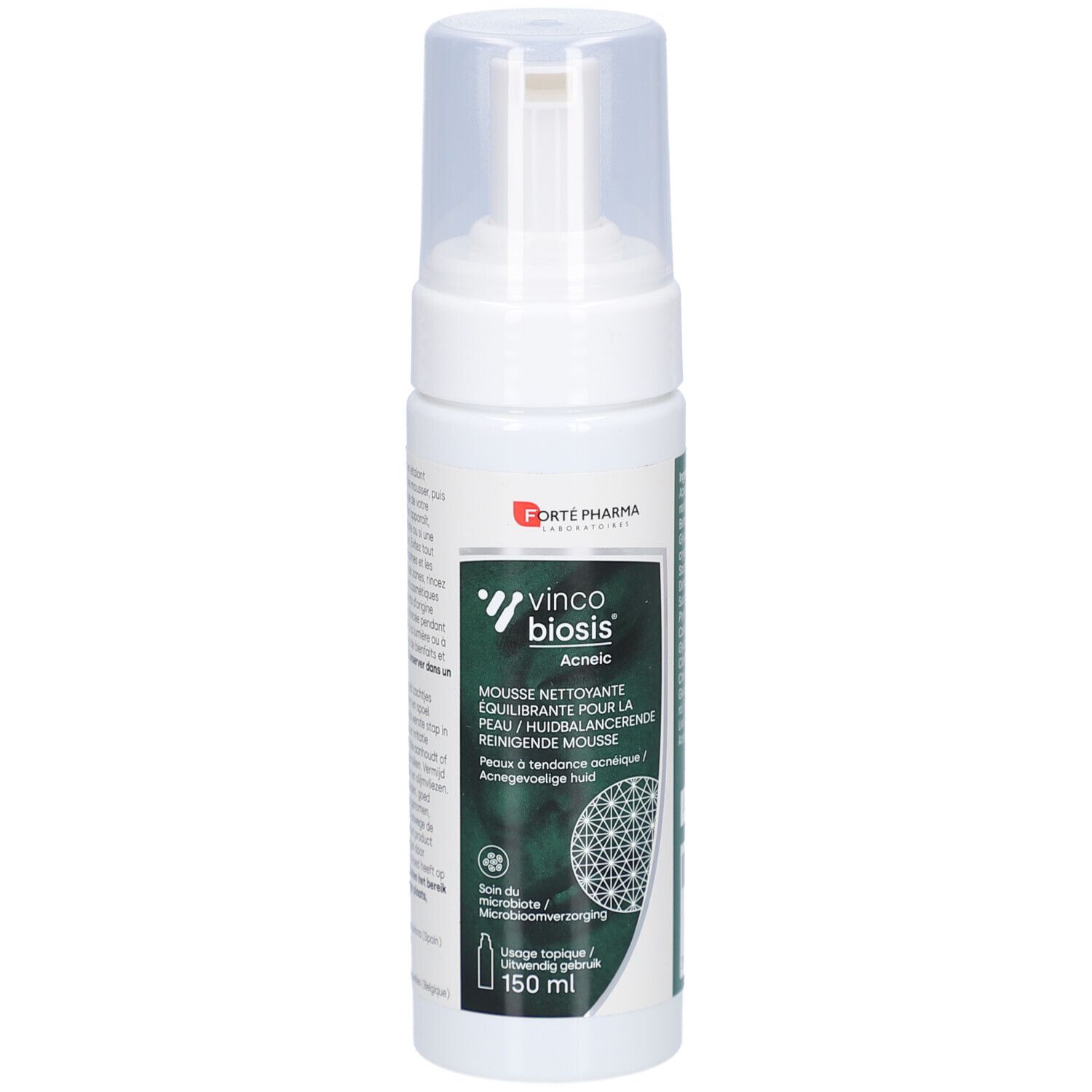 Flacon blanc avec pompe. Inscription: Vincobiosis Acneic Mousse. 150 ml. Logo Forte Pharma.