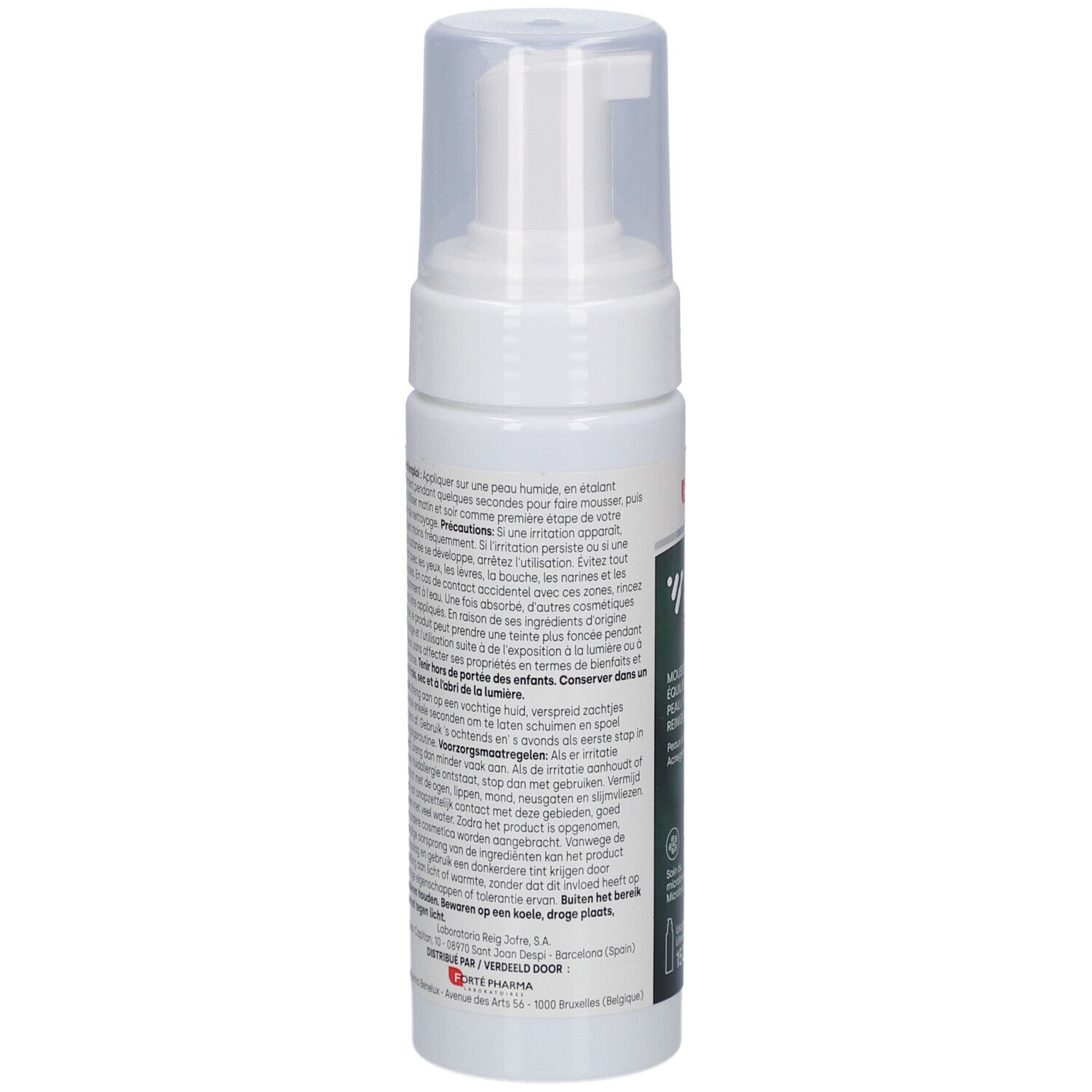 Dos du flacon blanc. Texte multilingue. Logo Forte Pharma. Ingrédients et précautions.