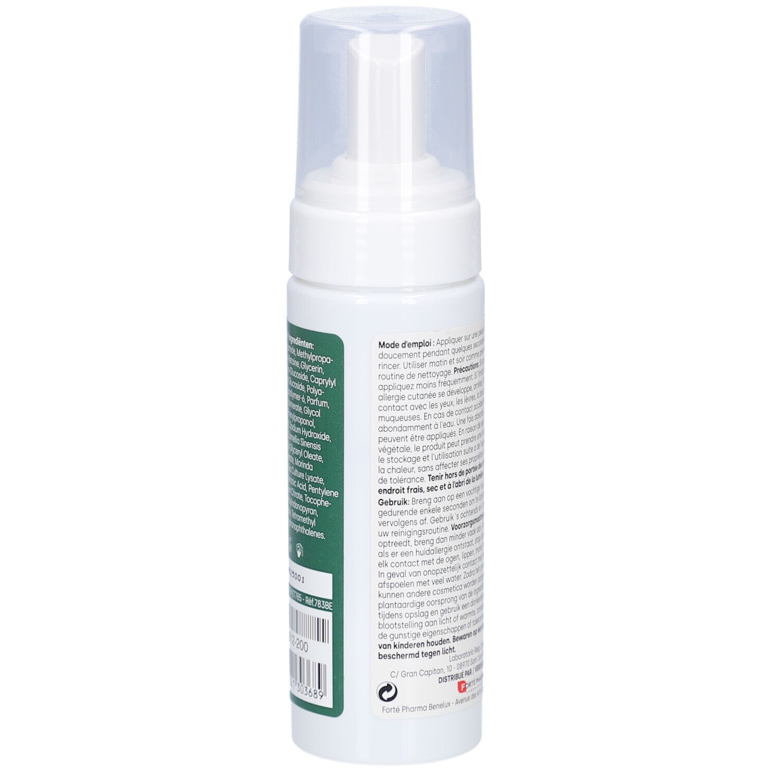 Dos du flacon blanc. Texte multilingue. Mode d'emploi et autres informations.