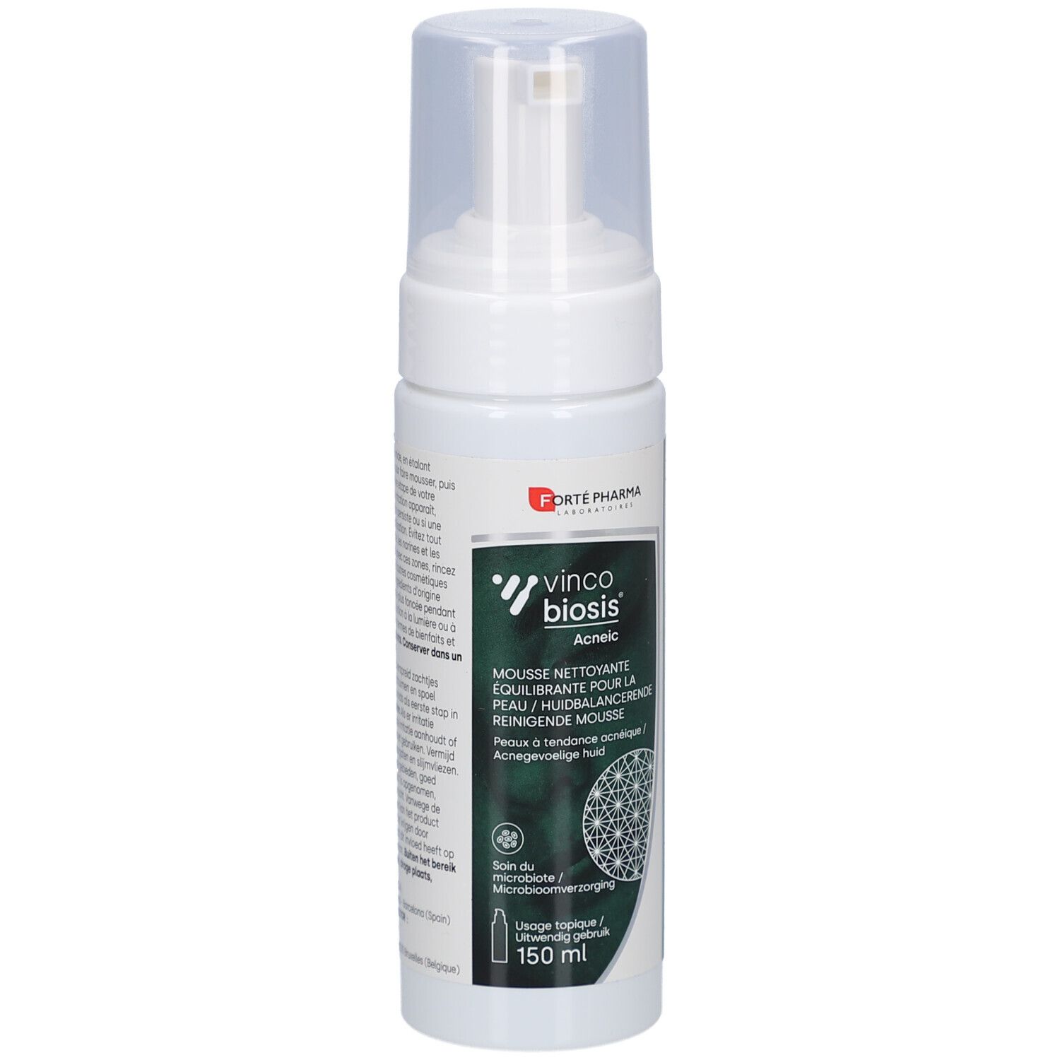 Flacon blanc avec pompe. Inscription: Vincobiosis Acneic Mousse. 150 ml. Logo Forte Pharma.