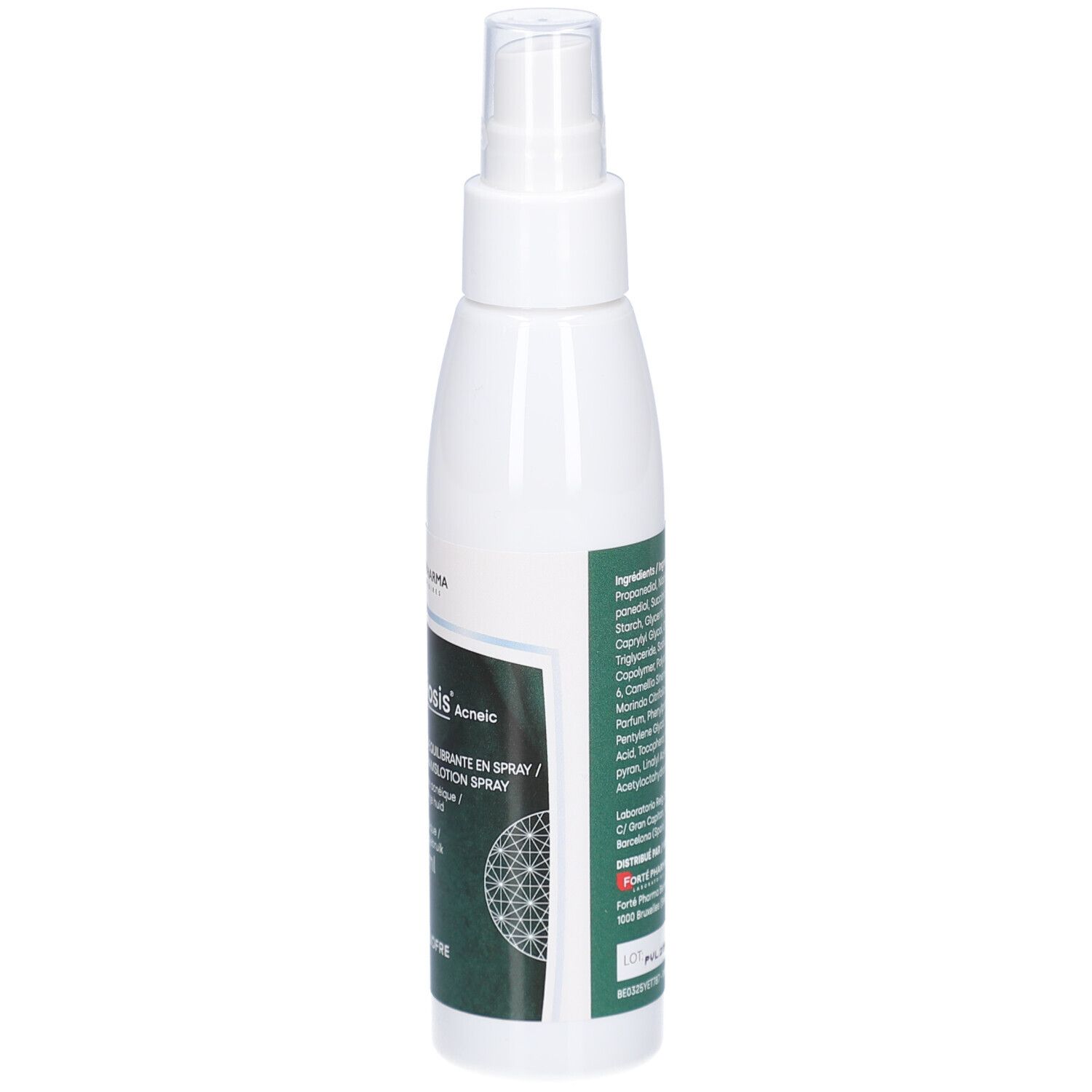 Flacon spray blanc avec étiquette verte. Texte: Vincobiosis Acneic, Lotion Spray.