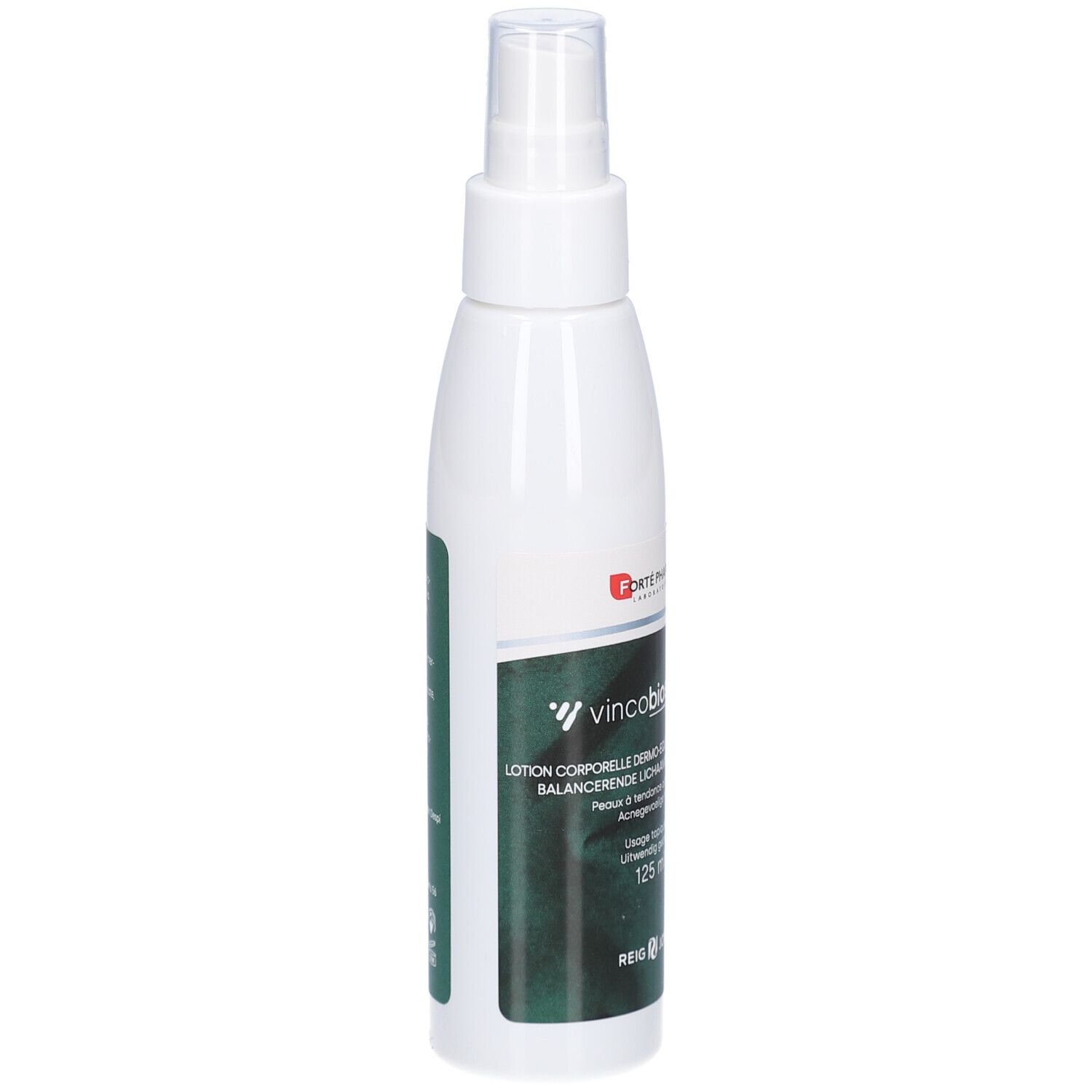 Flacon spray blanc avec étiquette verte. Texte: Vincobiosis, Lotion Corporelle, 125 ml.