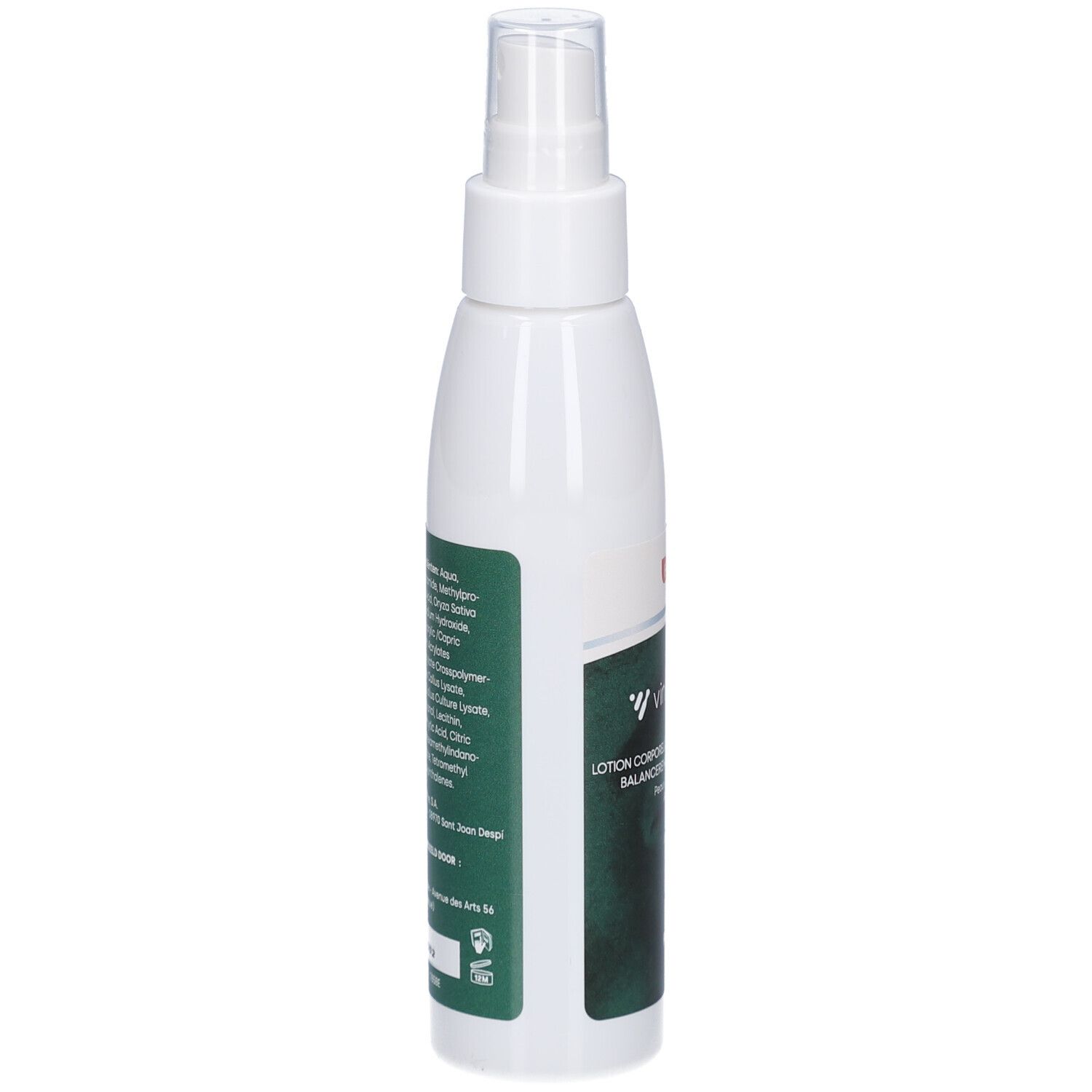 Flacon spray blanc avec étiquette verte. Texte: Lotion Corporelle, 125 ml, ingrédients.