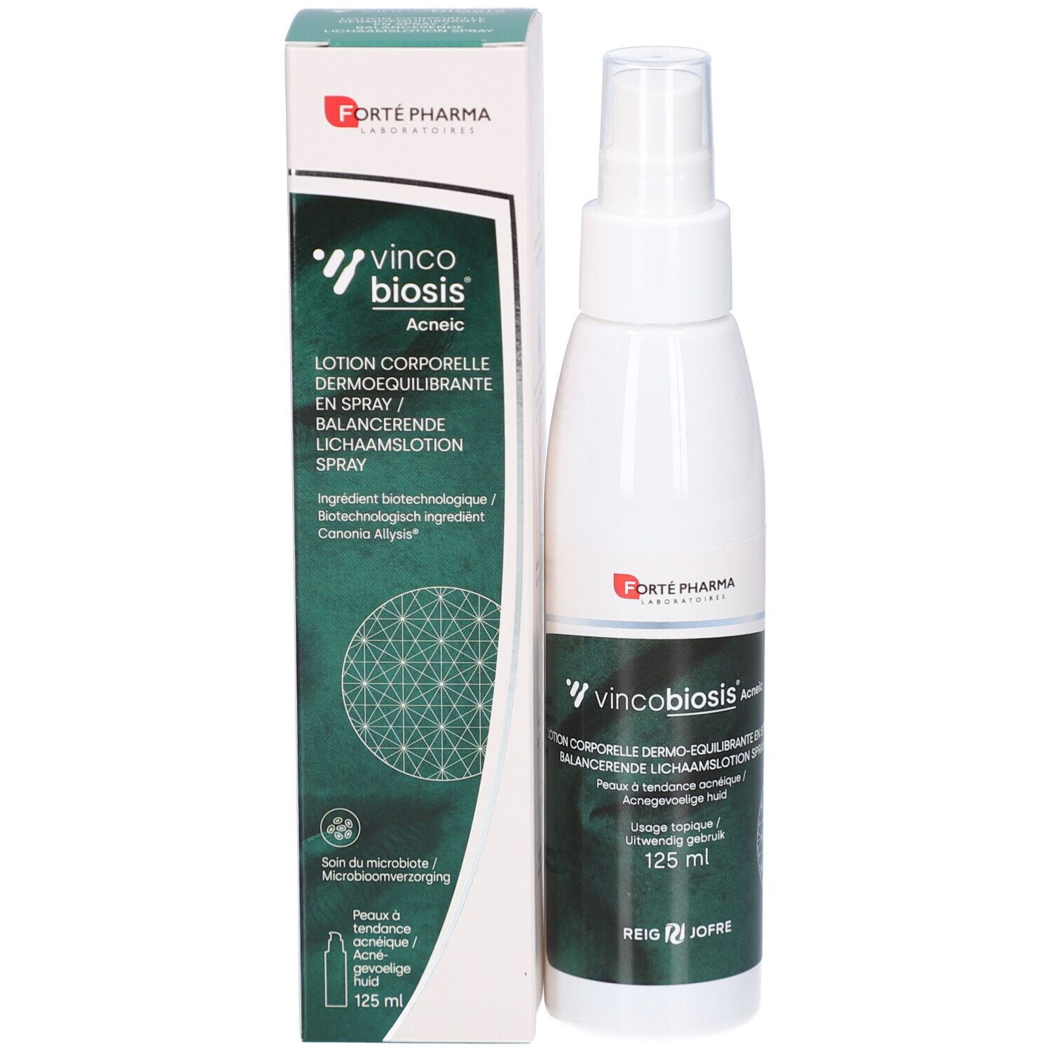 Flacon spray et emballage pour Vincobiosis Acneic Lotion, 125 ml.