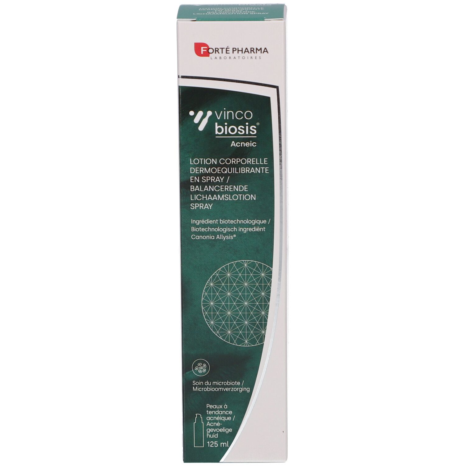 Emballage carton. Texte: Forte Pharma, Vincobiosis Acneic, Lotion Corporelle, 125 ml.