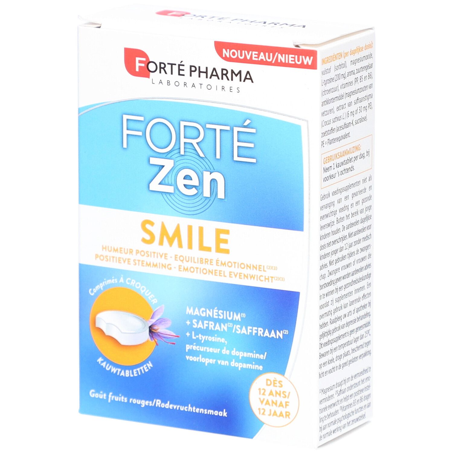 Boîte de Forte Pharma Forte Zen Smile. Ingrédients et informations sur l'emballage. Inscription: 'Comprimés à croquer'.