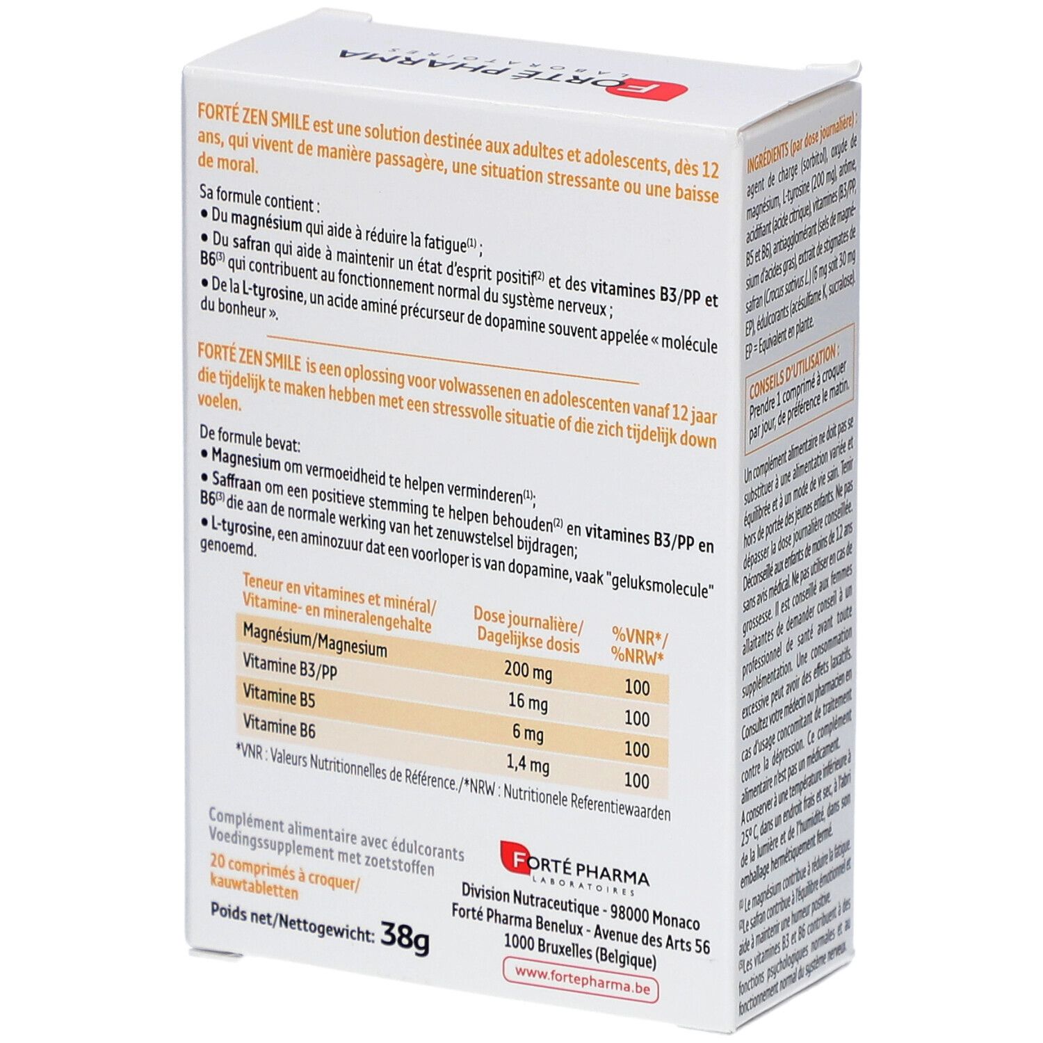 Boîte Forte Pharma Forte Zen Smile. Dos avec informations nutritionnelles et ingrédients. 20 comprimés.