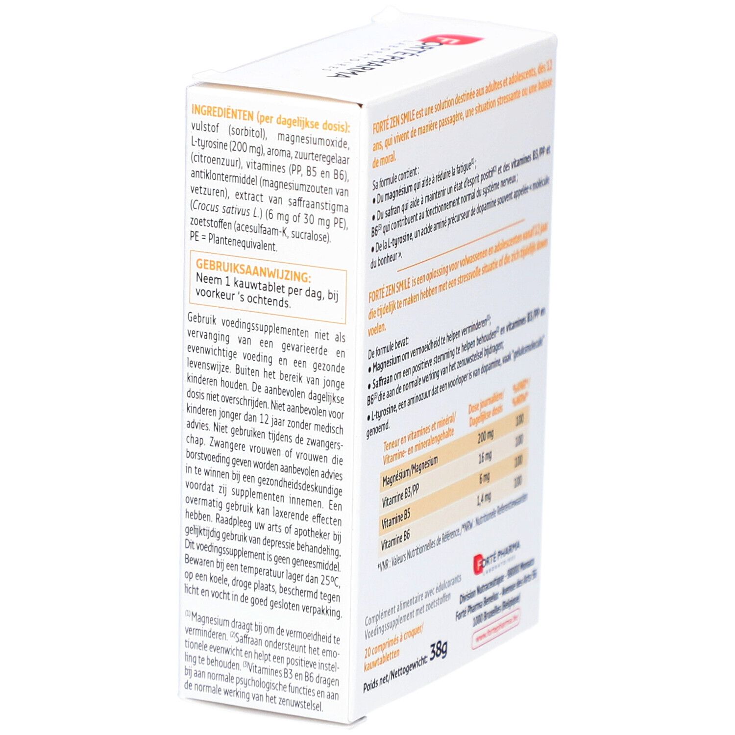 Boîte Forte Pharma Forte Zen Smile. Vue latérale avec informations et ingrédients. 38g.