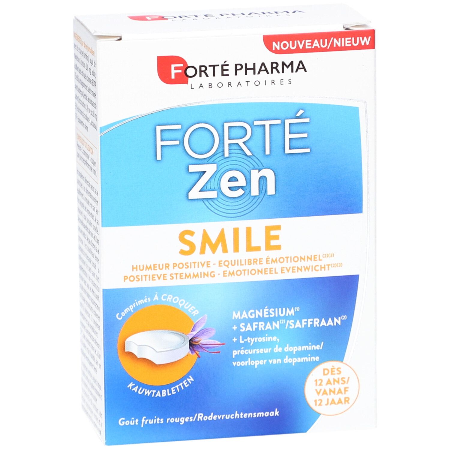 Boîte Forte Pharma Forte Zen Smile. Vue de face avec nom et ingrédients. 'Comprimés à croquer'.