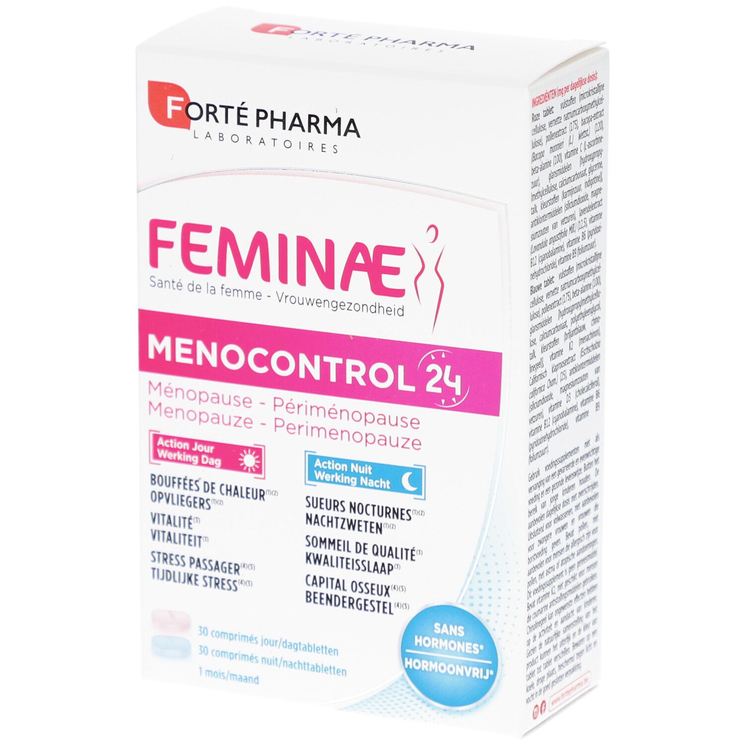 Boîte Forte Pharma Feminae Menocontrol 24. Inscriptions en rose et blanc. Contient 24 comprimés. Texte en français et néerlandais.