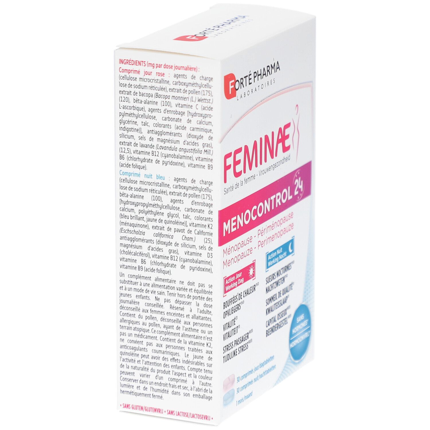 Boîte Forte Pharma Feminae Menocontrol 24. Ingrédients et logo visibles. Contient 24 comprimés. Texte en français et néerlandais.