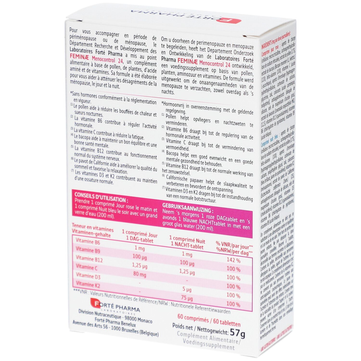 Dos de la boîte Forte Pharma Feminae Menocontrol 24. Informations sur les ingrédients et l'utilisation. Texte multilingue.