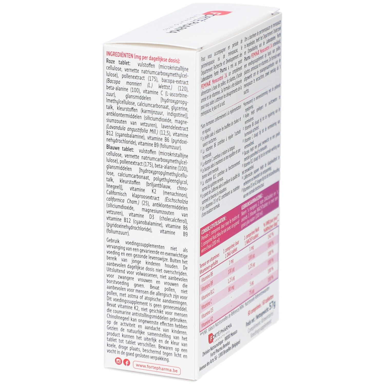 Dos de la boîte Forte Pharma Feminae Menocontrol 24. Ingrédients et informations. Texte multilingue.
