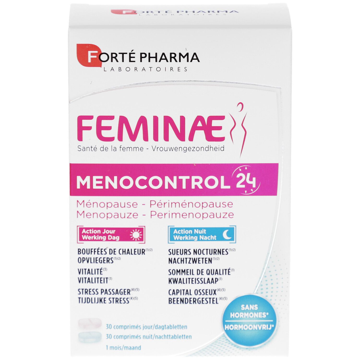 Boîte Forte Pharma Feminae Menocontrol 24. Inscriptions en rose et blanc. Contient 24 comprimés. Texte en français et néerlandais.