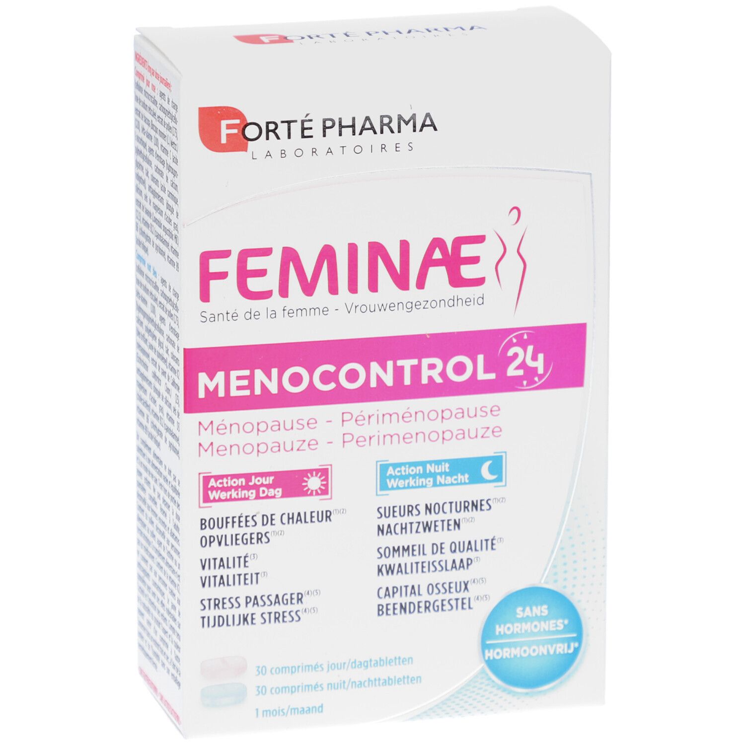 Boîte Forte Pharma Feminae Menocontrol 24. Inscriptions en rose et blanc. Contient 24 comprimés. Texte en français et néerlandais.