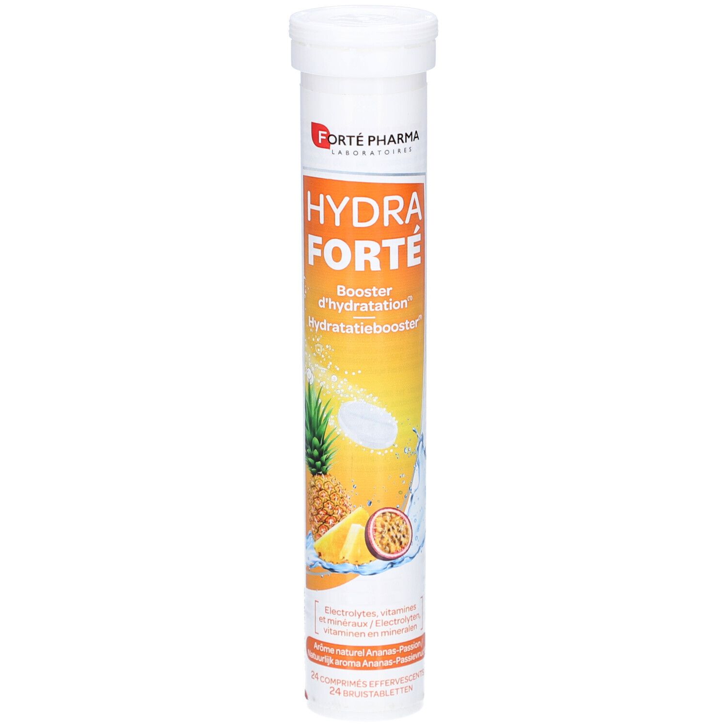 Tube cylindrique avec nom du produit et illustrations d'ananas et fruit de la passion. Contient des comprimés effervescents.