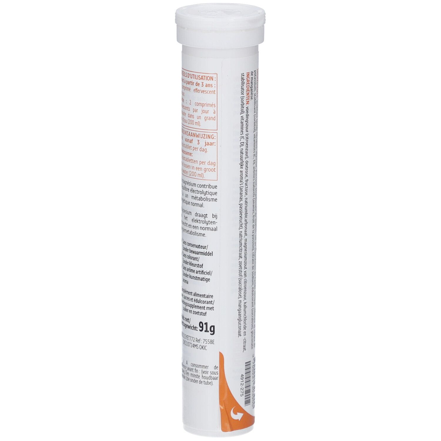 Tube cylindrique avec informations produit. Texte en plusieurs langues. Contient des comprimés effervescents. Poids net: 91g.