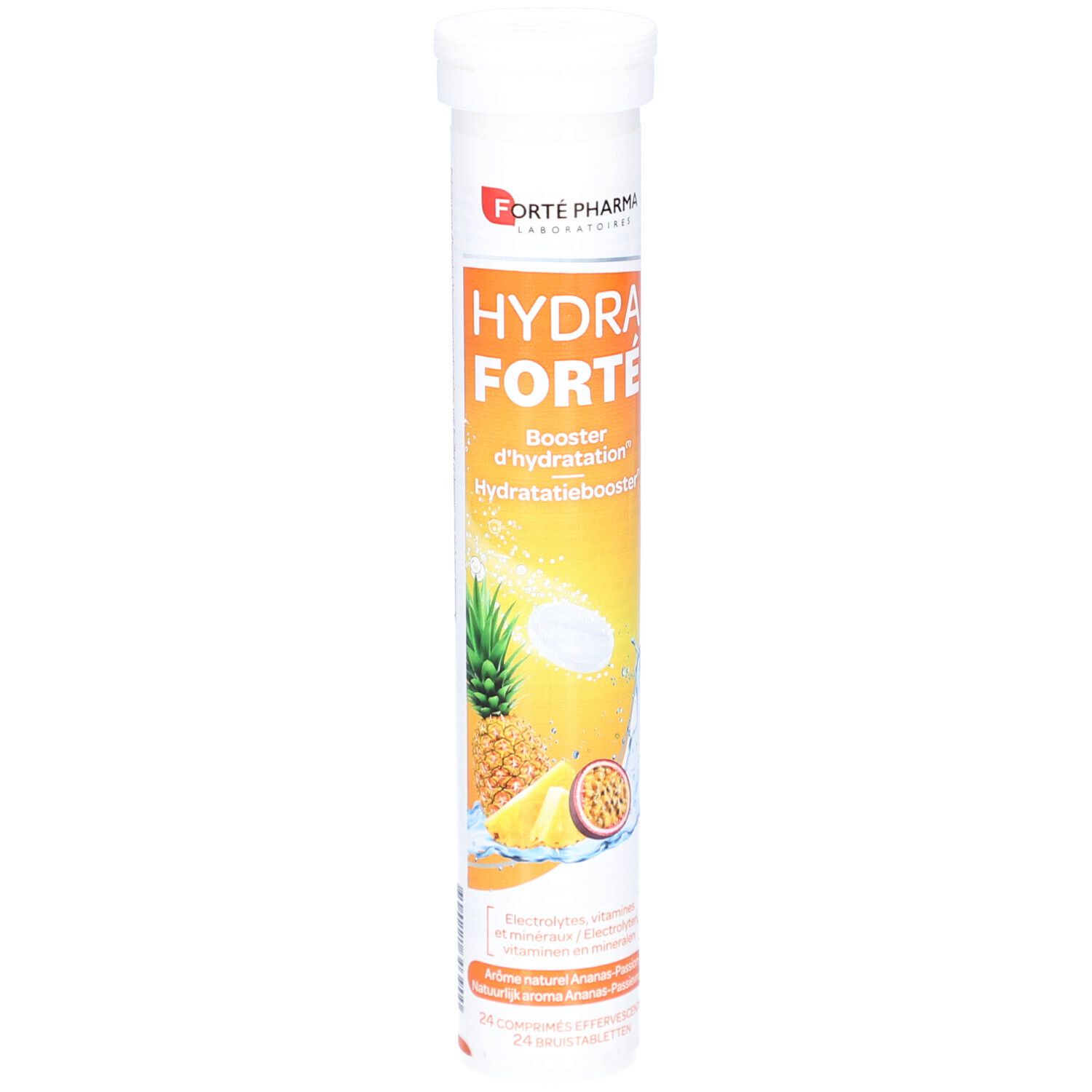 Tube cylindrique avec nom du produit et illustrations d'ananas et fruit de la passion. Contient des comprimés effervescents.