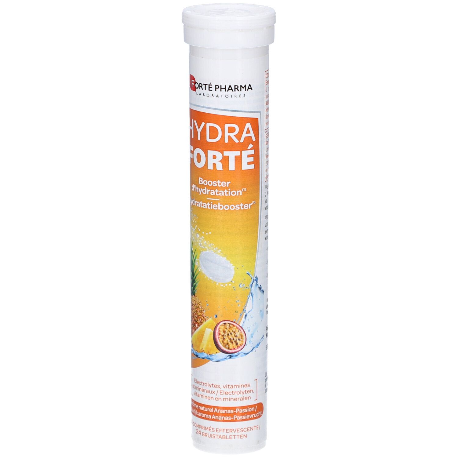 Tube cylindrique avec nom du produit et illustrations d'ananas et fruit de la passion. Contient des comprimés effervescents.