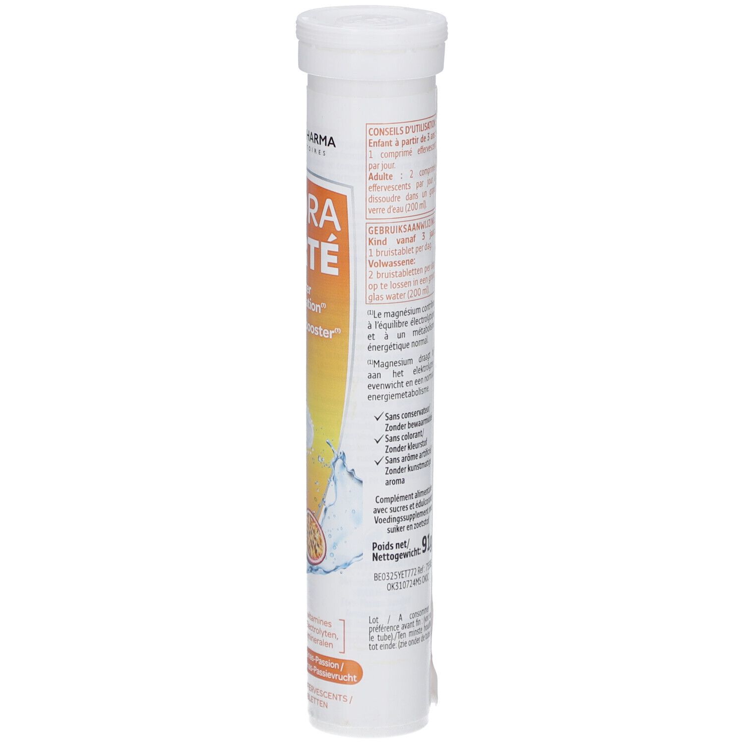 Tube cylindrique avec informations produit. Texte en plusieurs langues. Contient des comprimés effervescents. Poids net: 91g.