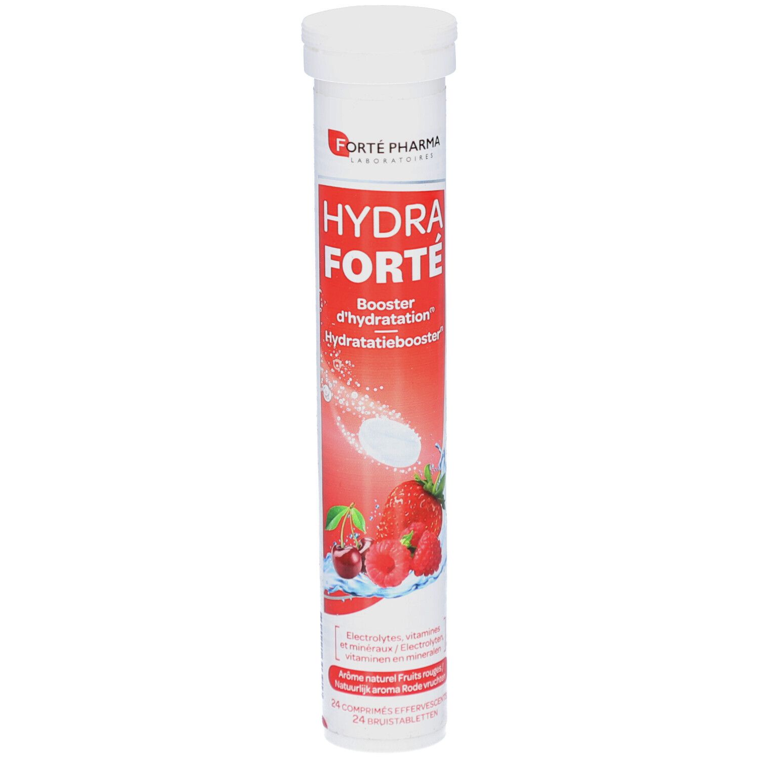 Tube cylindrique de comprimés. Inscription: HYDRA FORTÉ, Booster d'hydratation. Illustration de fruits rouges.