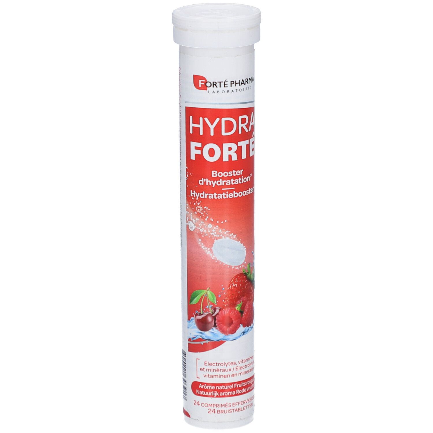 Tube cylindrique de comprimés. Inscription: HYDRA FORTÉ, Booster d'hydratation. Illustration de fruits rouges.