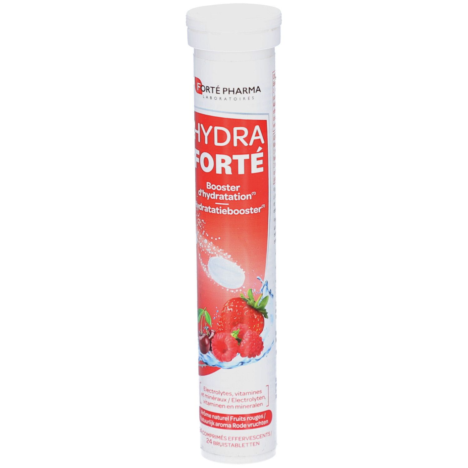Tube cylindrique de comprimés. Inscription: HYDRA FORTÉ, Booster d'hydratation. Illustration de fruits rouges.